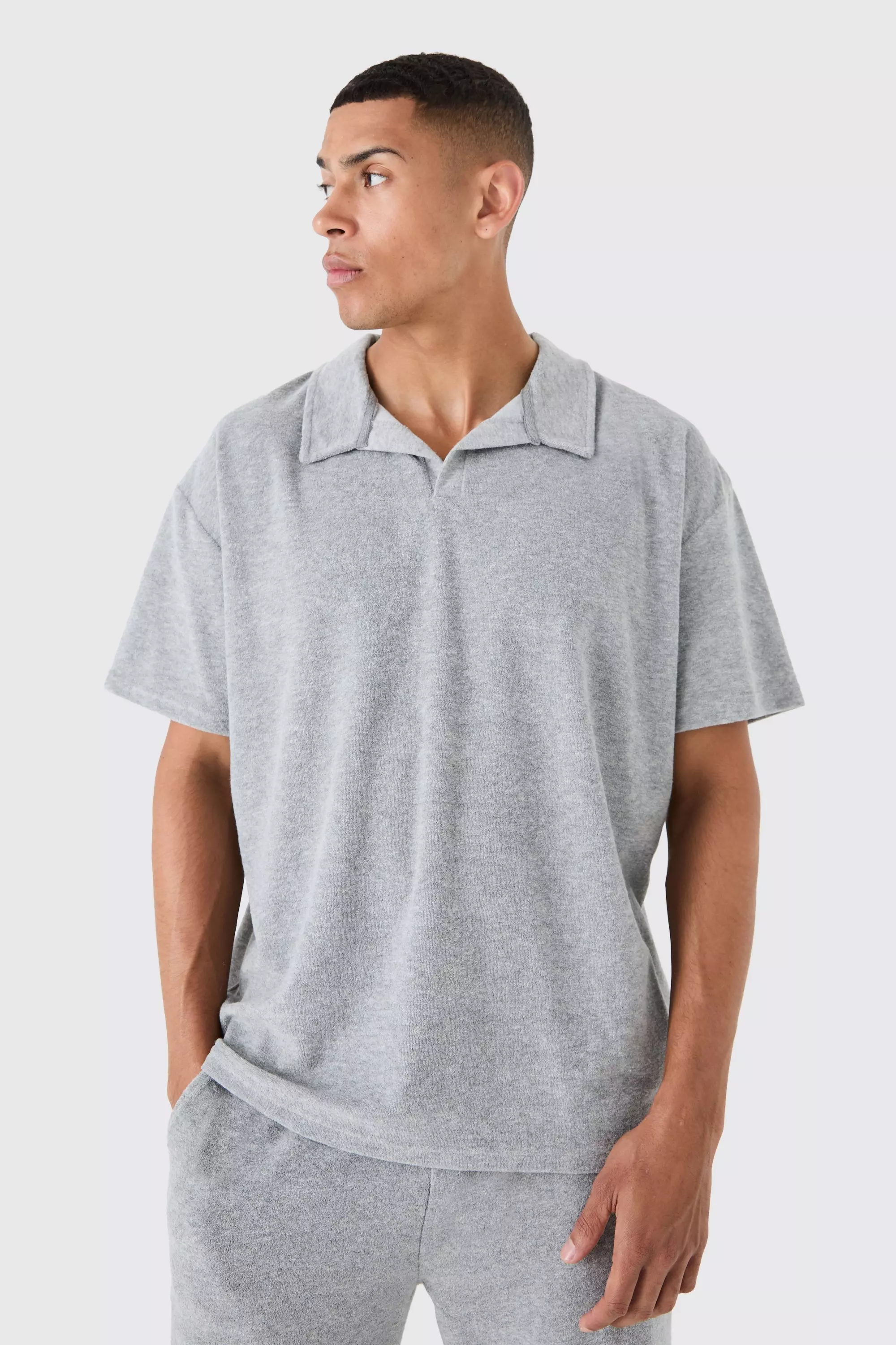 Oversized Revere Towelling Polo Grey marl