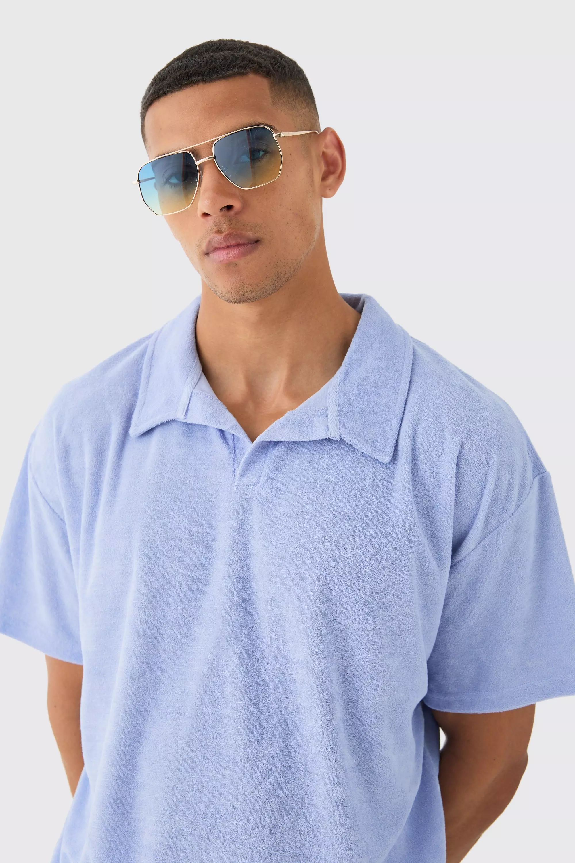 Dusty blue Oversized Revere Towelling Polo alternative image