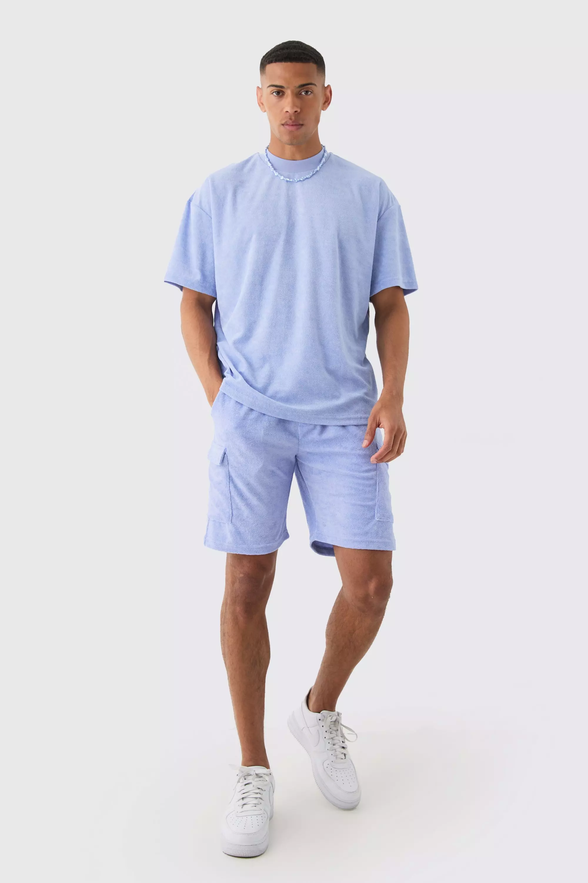 Dusty blue Oversized Extended Neck Towelling T-shirt & Cargo Shorts Set alternative image