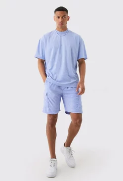 Oversized Extended Neck Towelling T-shirt & Cargo Shorts Dusty blue