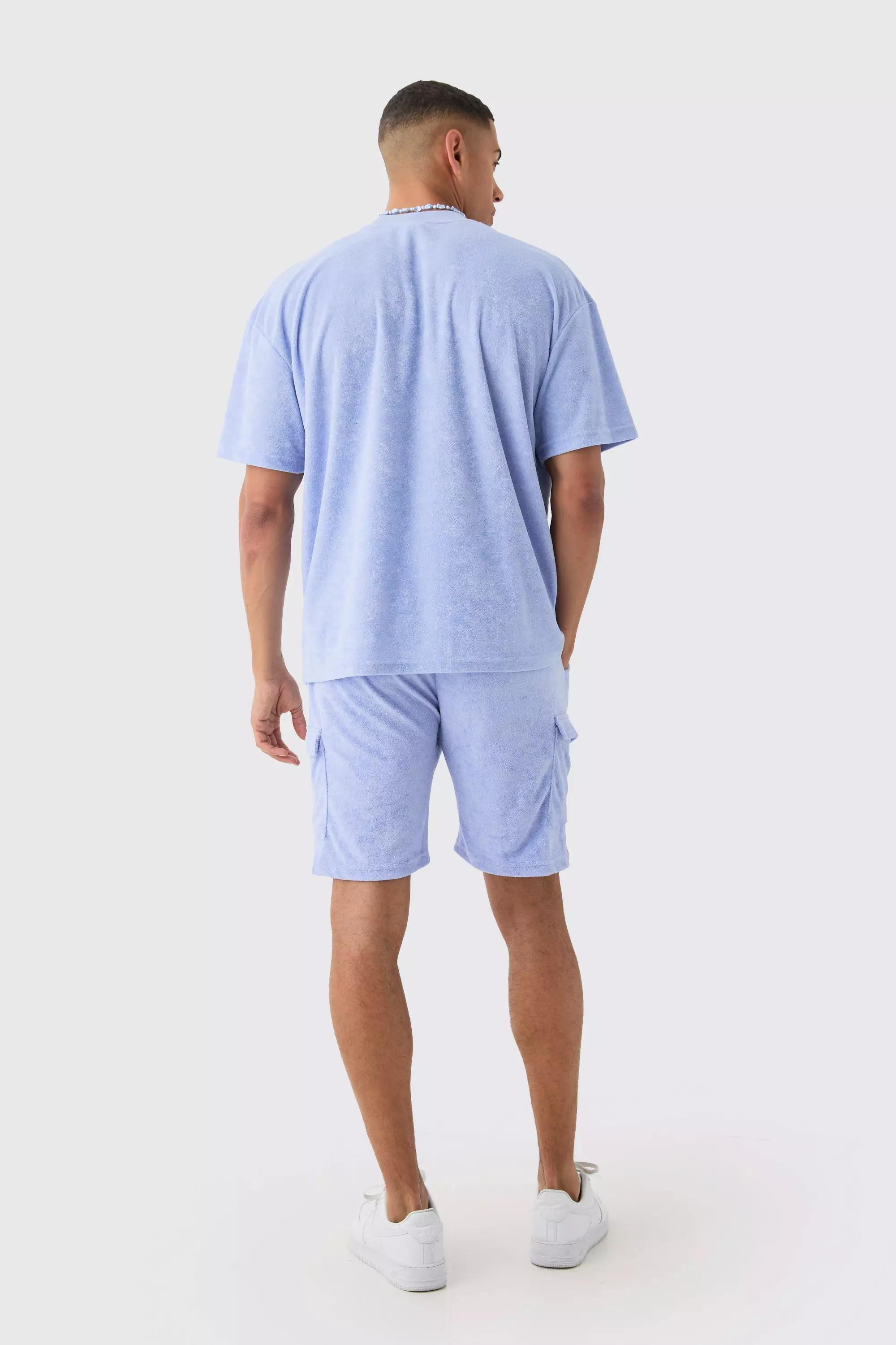 Dusty blue Oversized Extended Neck Towelling T-shirt & Cargo Shorts Set alternative image