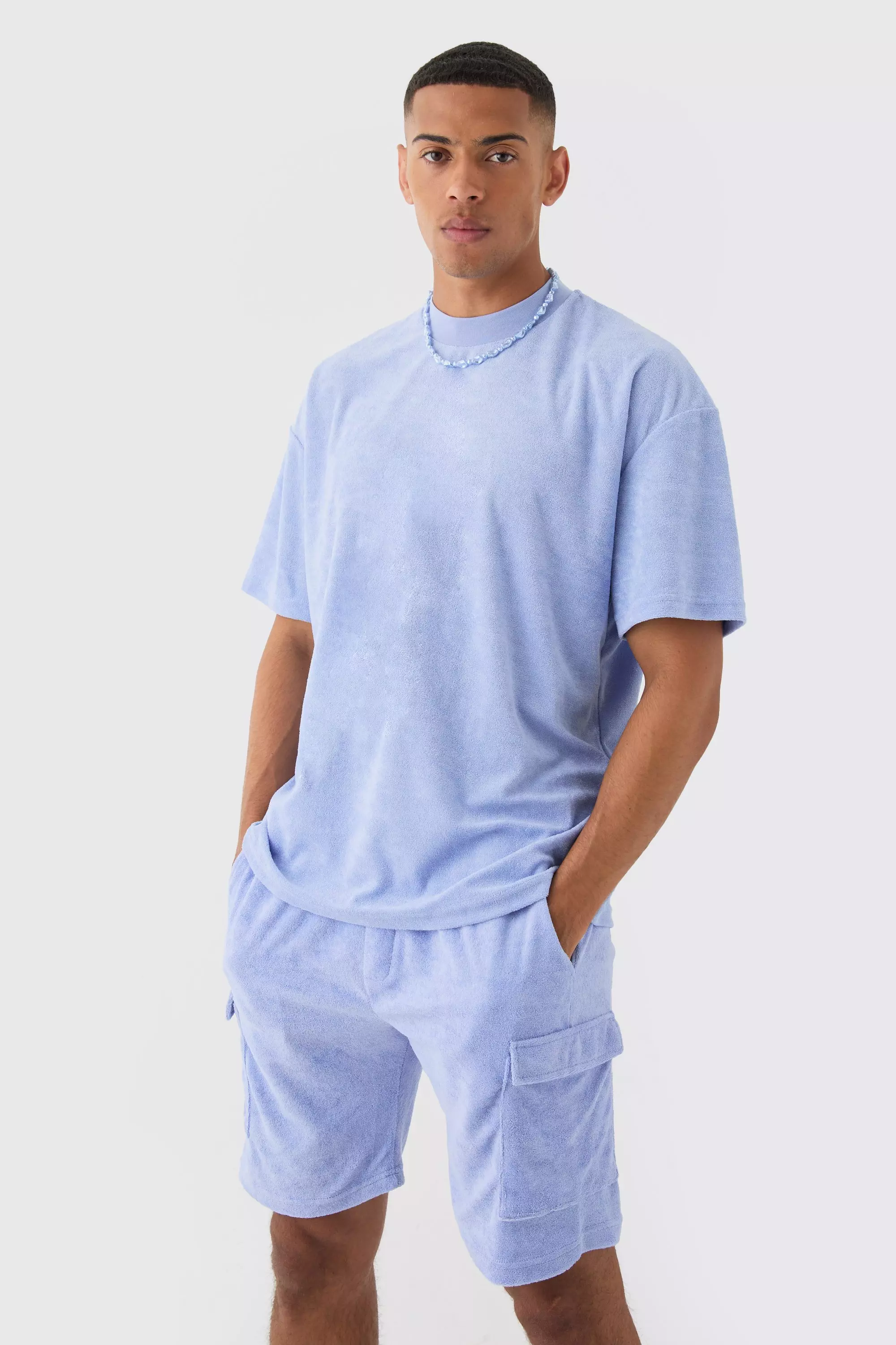 Dusty blue Oversized Extended Neck Towelling T-shirt & Cargo Shorts Set alternative image