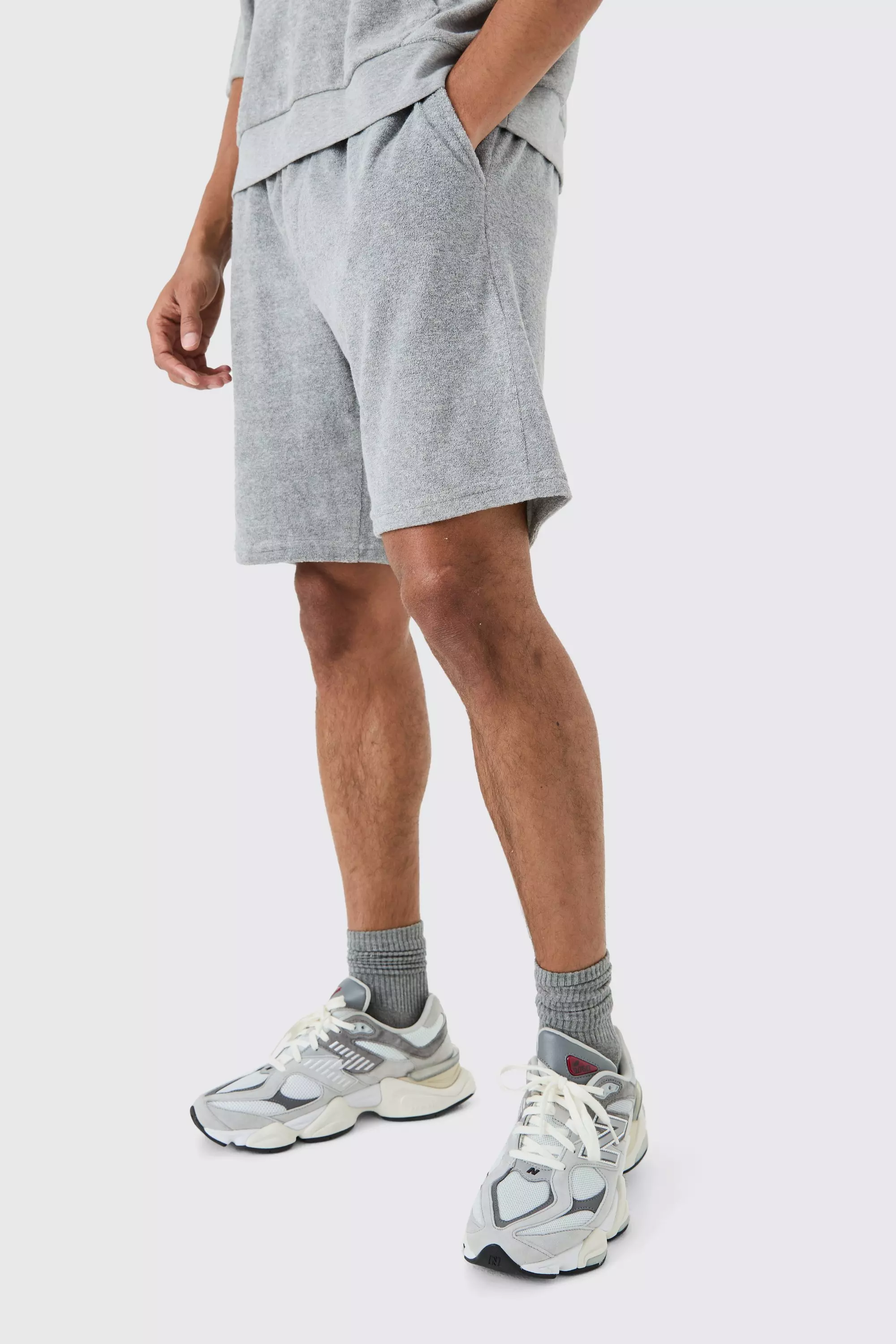 Grey Relaxed Fit Mid Towelling Homme Shorts