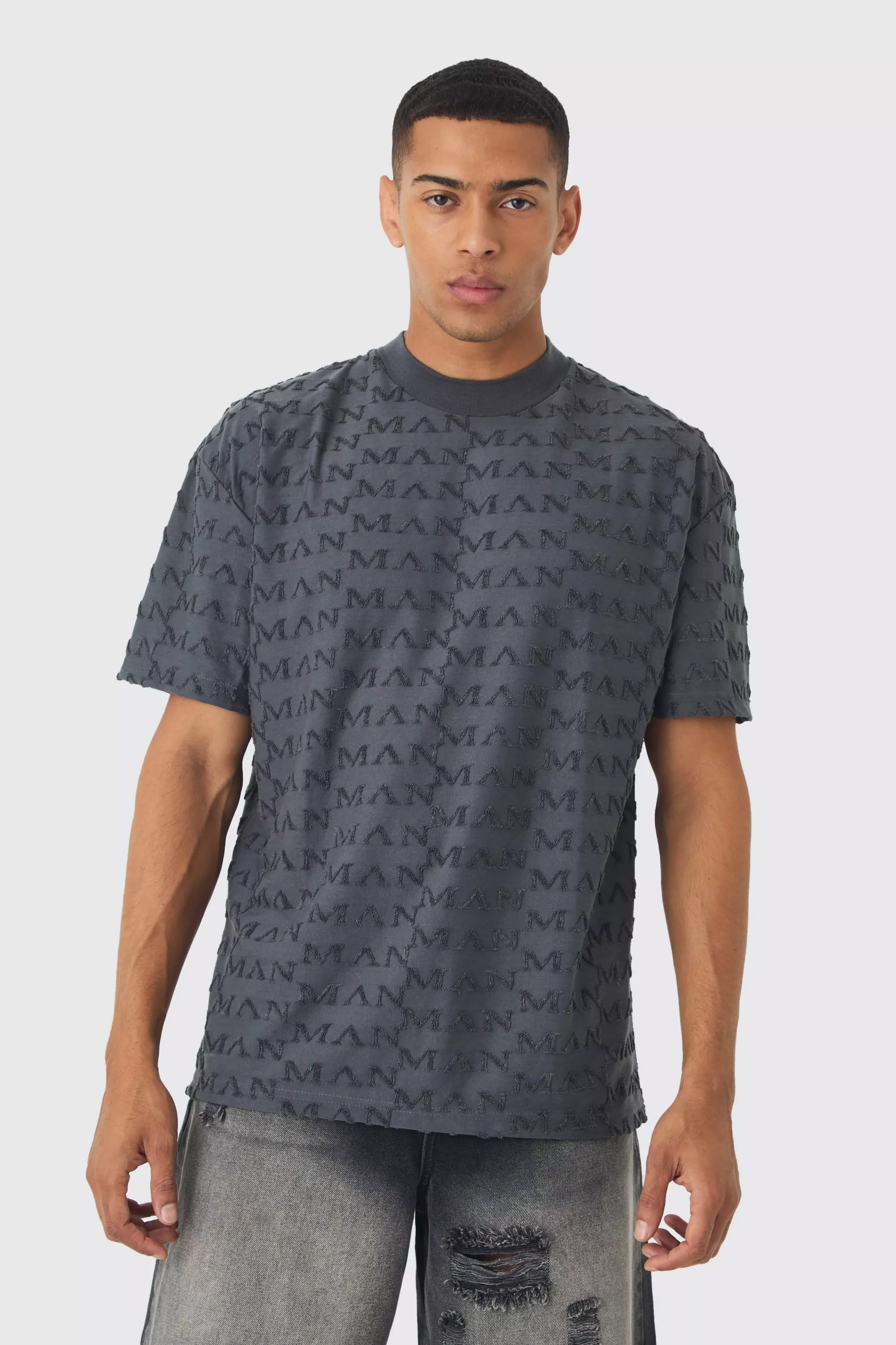 Oversized Extended Neck Man Towelling Jacquard T-shirt Charcoal
