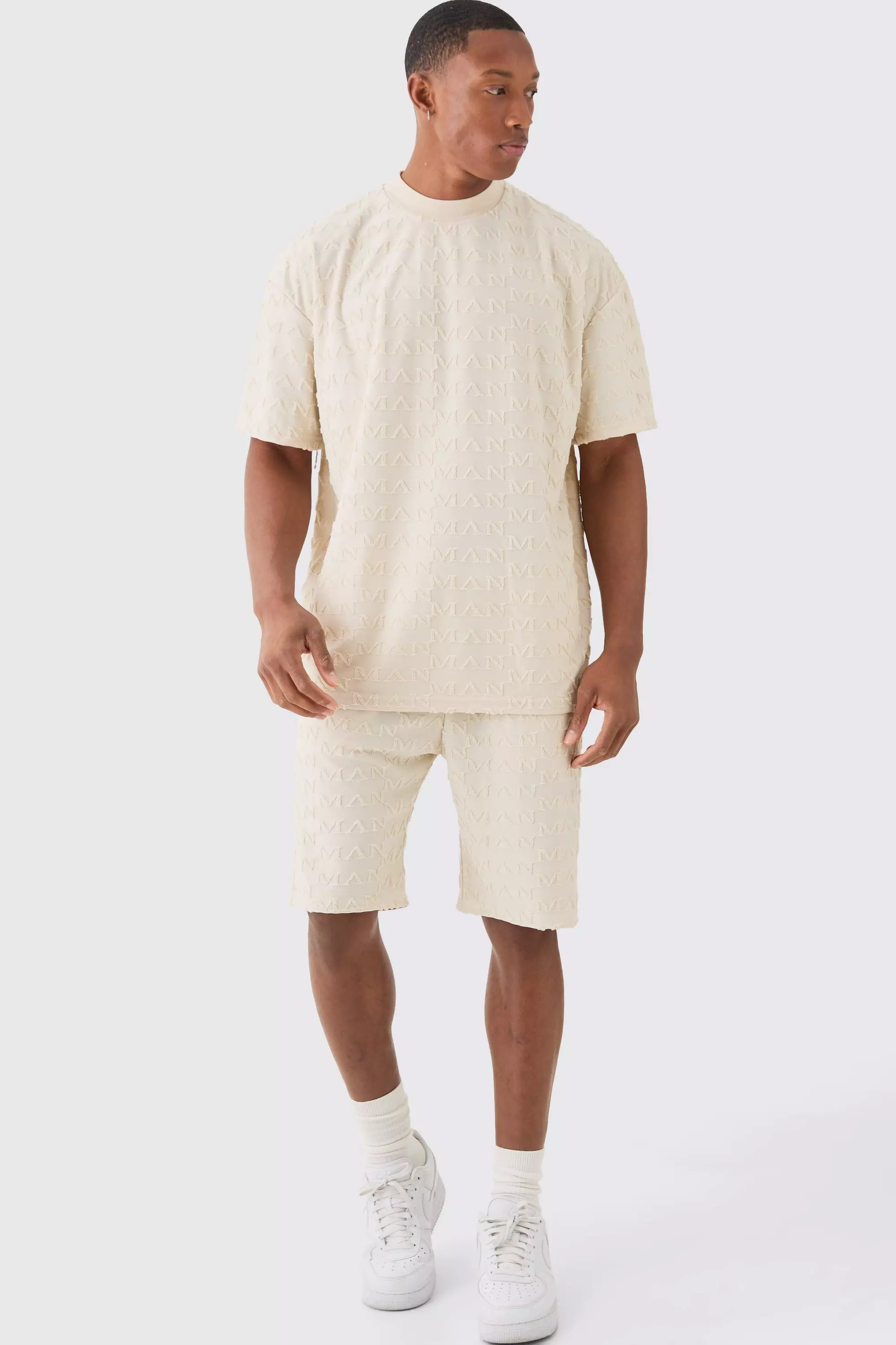 Oversized Man Towelling Jacquard T-shirt & Shorts Set Beige