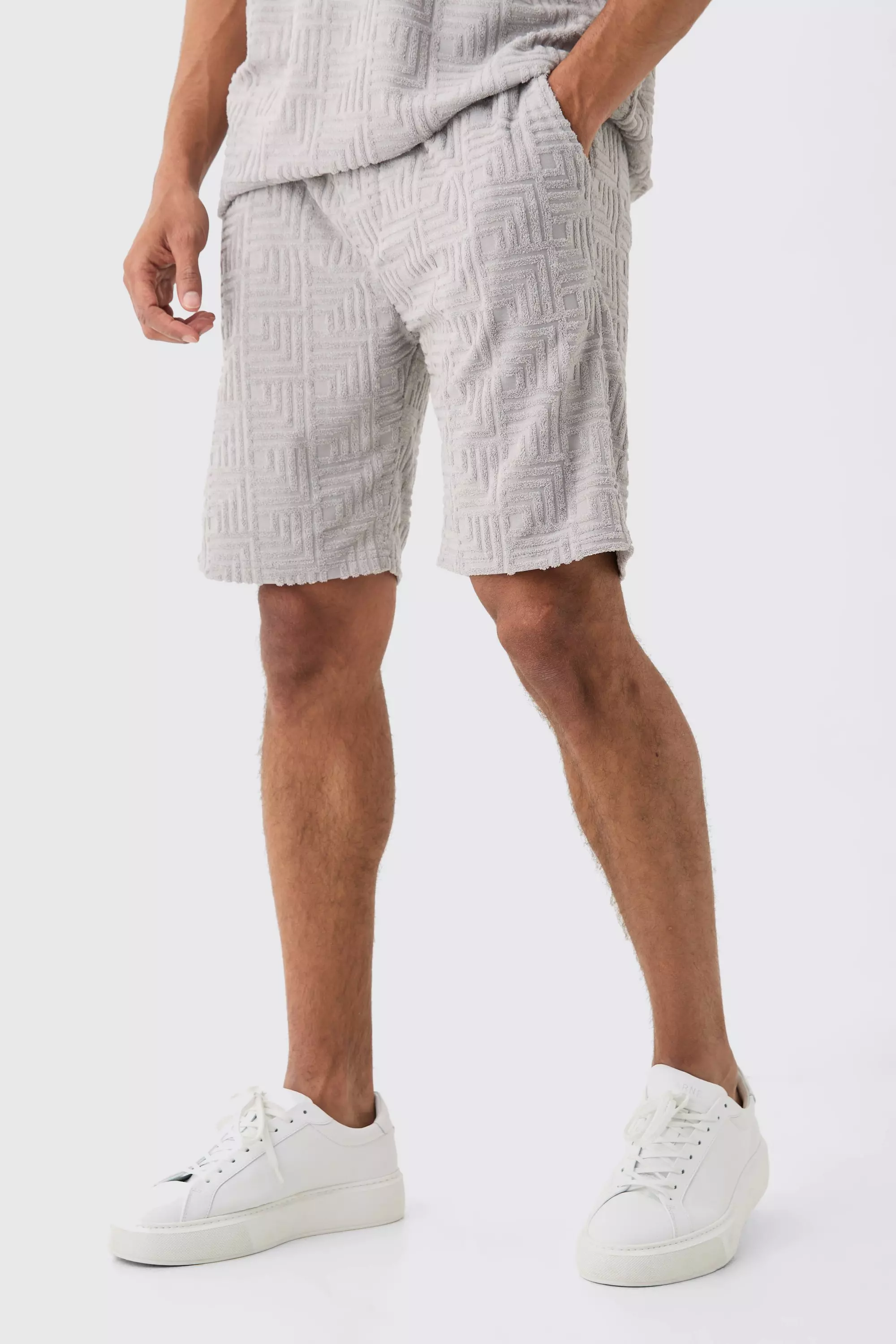 Grey Loose Fit Geo Towelling Jacquard Shorts