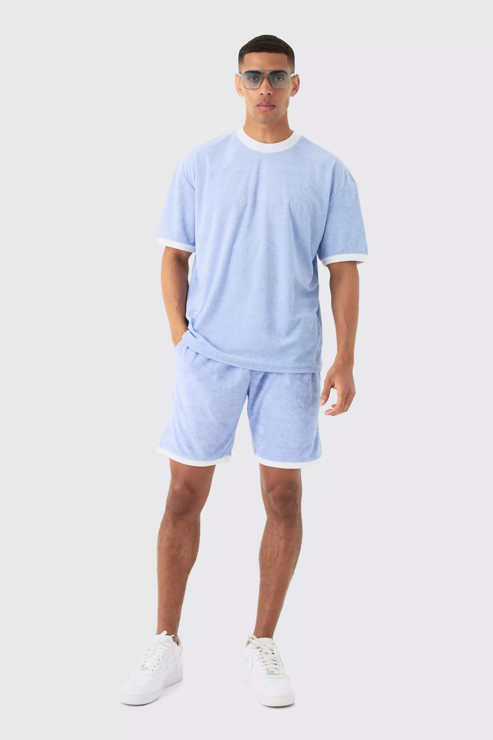 Oversized Extended Neck Contrast Towelling T-shirt & Shorts Set Dusty blue