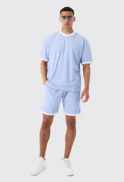 Dusty-blue Blue Oversized Extended Neck Contrast Towelling T-shirt & Shorts