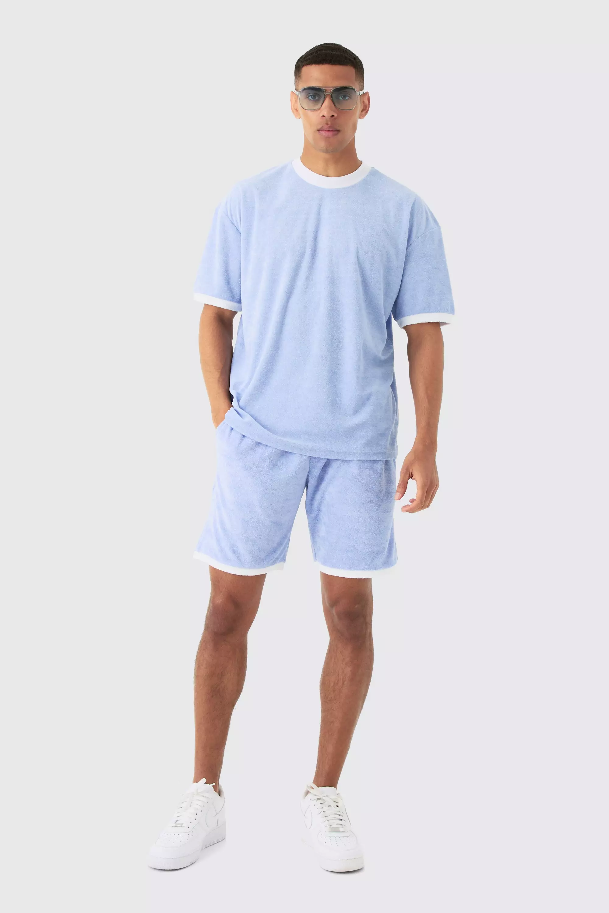 Oversized Extended Neck Contrast Towelling T-shirt & Shorts Dusty blue