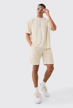 Beige Oversized Extended Neck Contrast Towelling T-shirt & Shorts