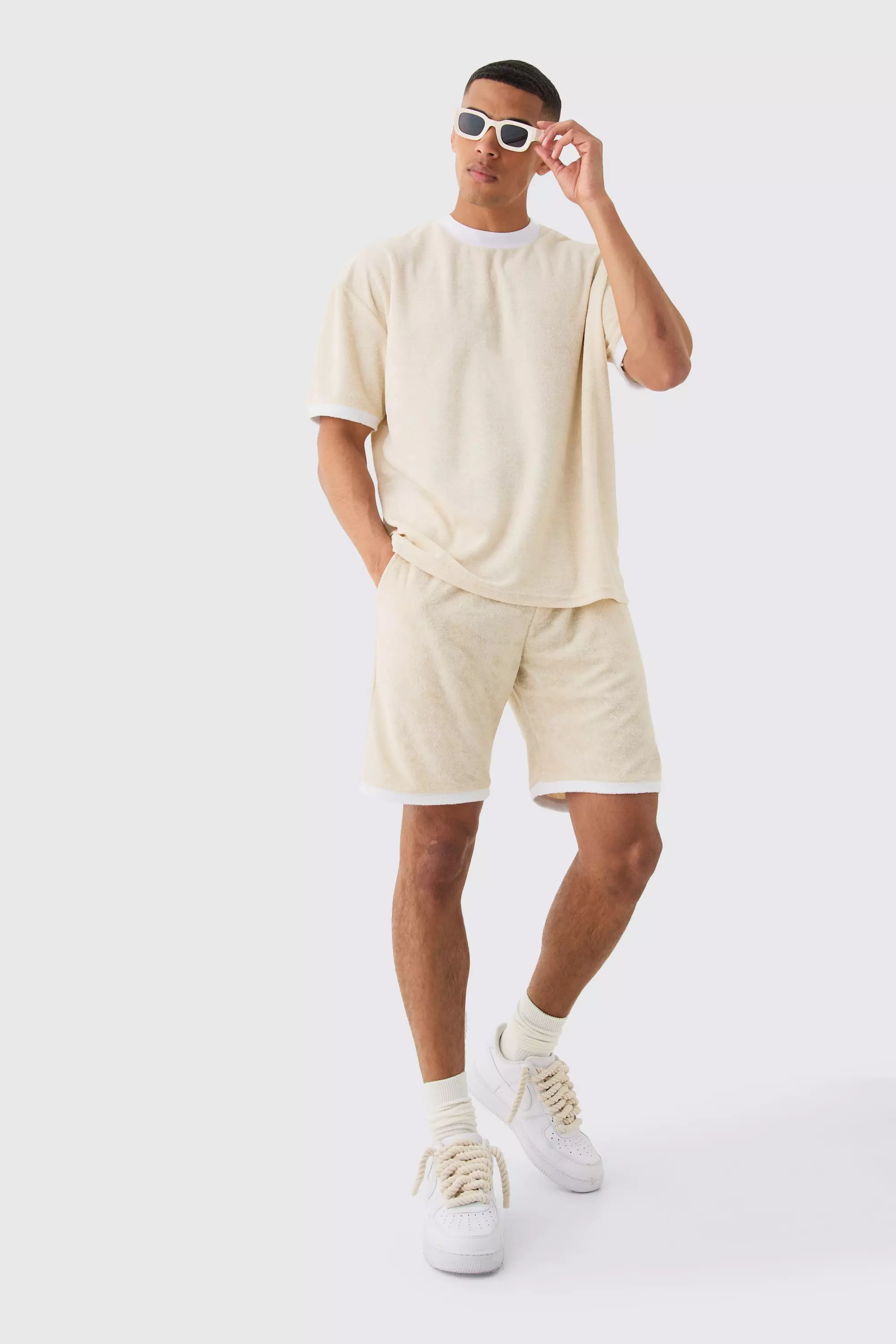 Oversized Extended Neck Contrast Towelling T-shirt & Shorts Beige