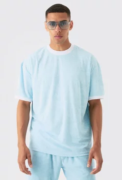 Blue Oversized Extended Neck Contrast Towelling T-shirt