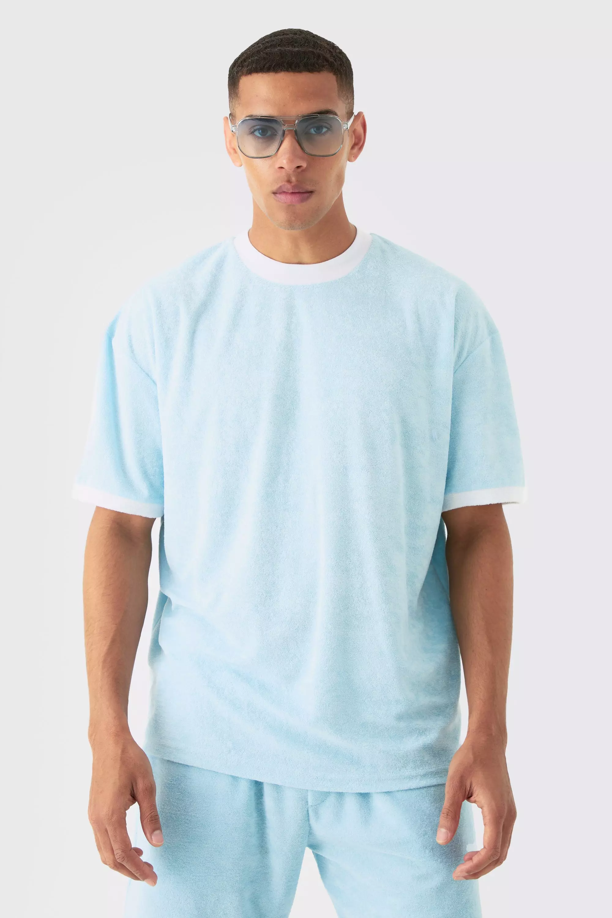 Oversized Extended Neck Contrast Towelling T-shirt Light blue