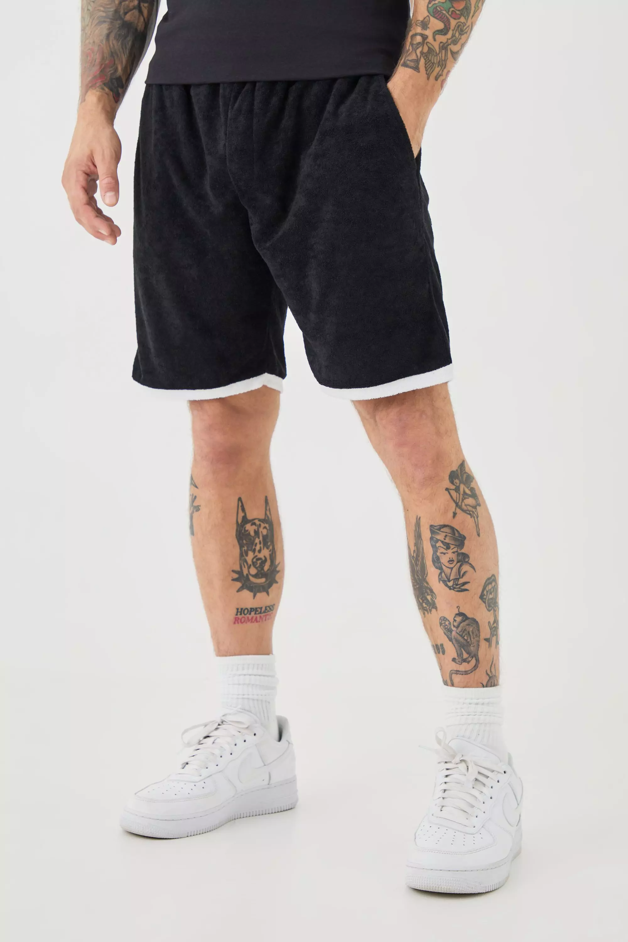 Relaxed Fit Mid Contrast Towelling Shorts Black