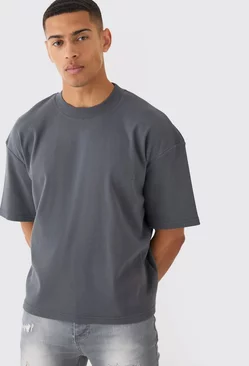 Oversized Boxy Extended Neck Heavyweight Ribbed T-shirt Charcoal