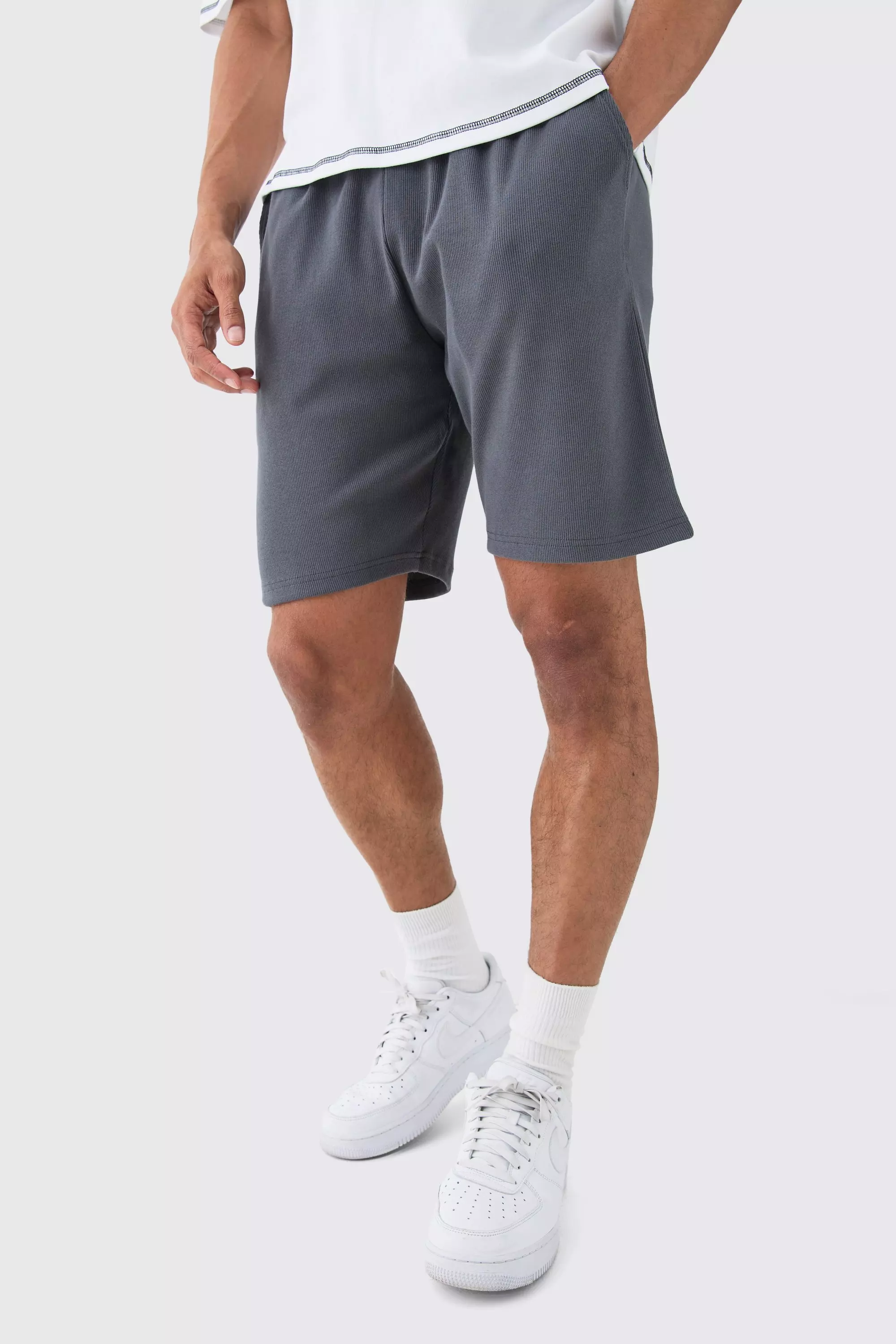 Loose Fit Mid Length Heavyweight Ribbed Shorts Charcoal