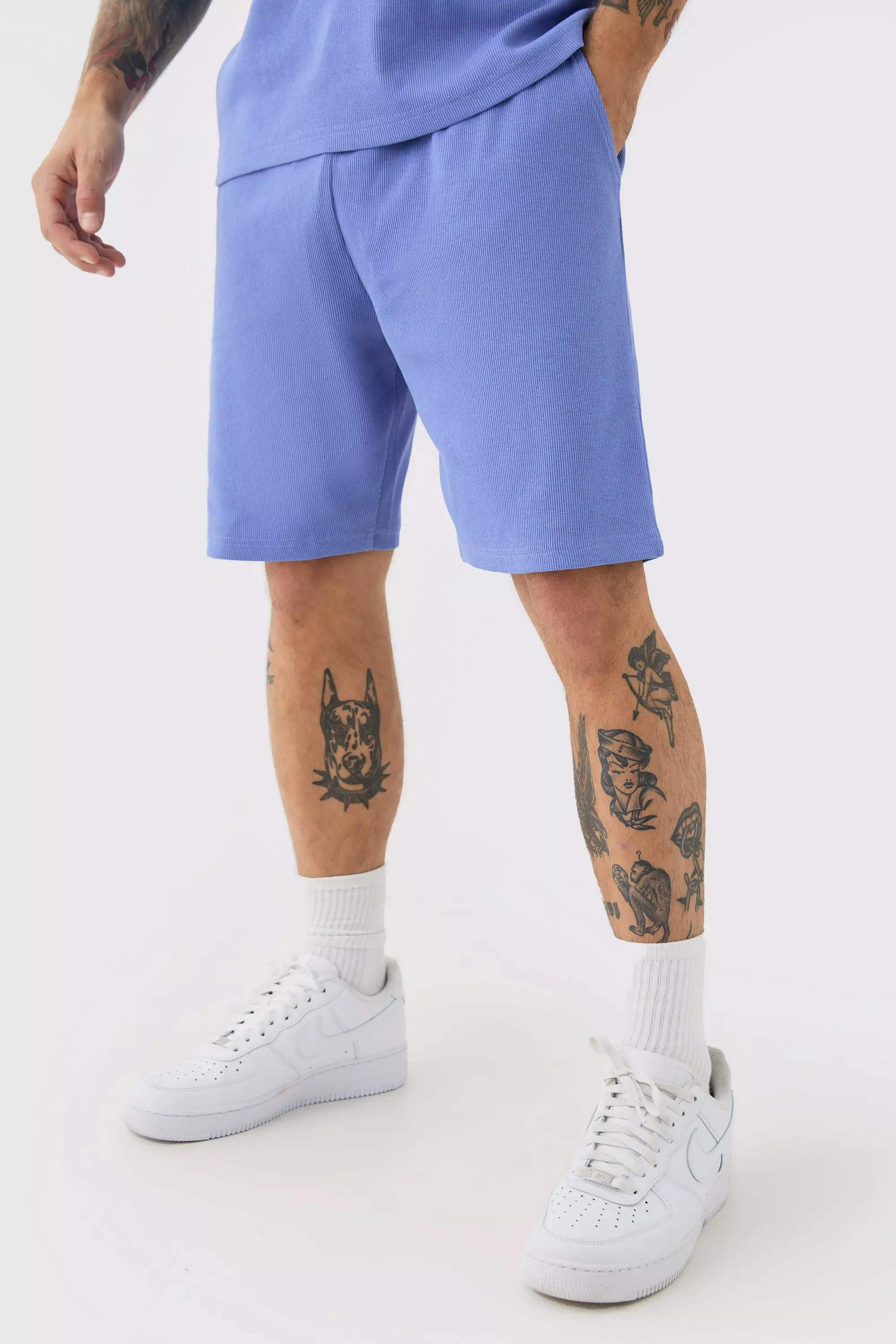 Loose Fit Mid Length Heavyweight Ribbed Shorts Blue