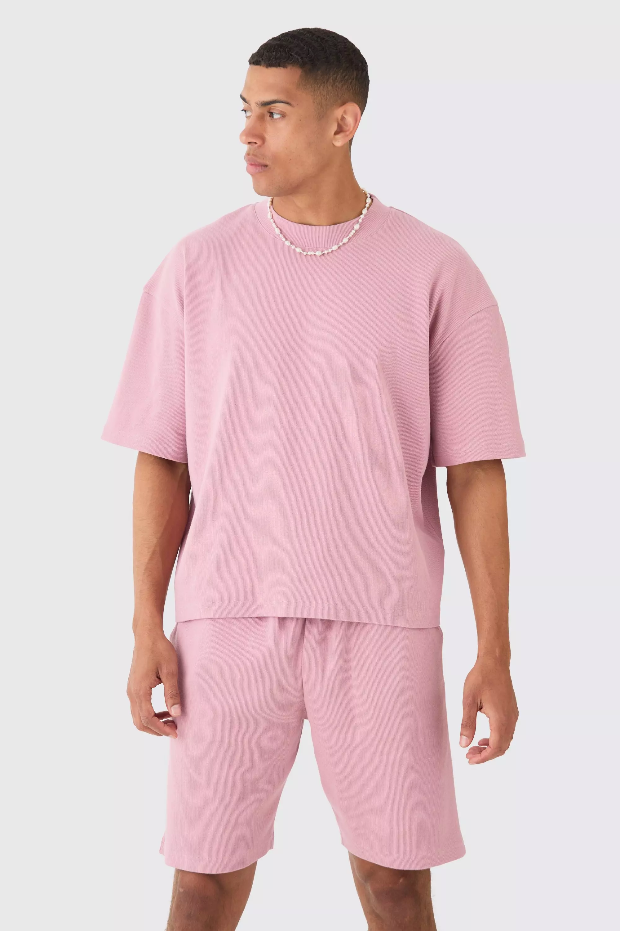 Pink Oversized Boxy Heavyweight Ribbed T-shirt & Shorts