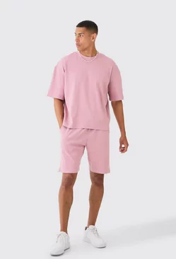 Oversized Boxy Heavyweight Ribbed T-shirt & Shorts Pink