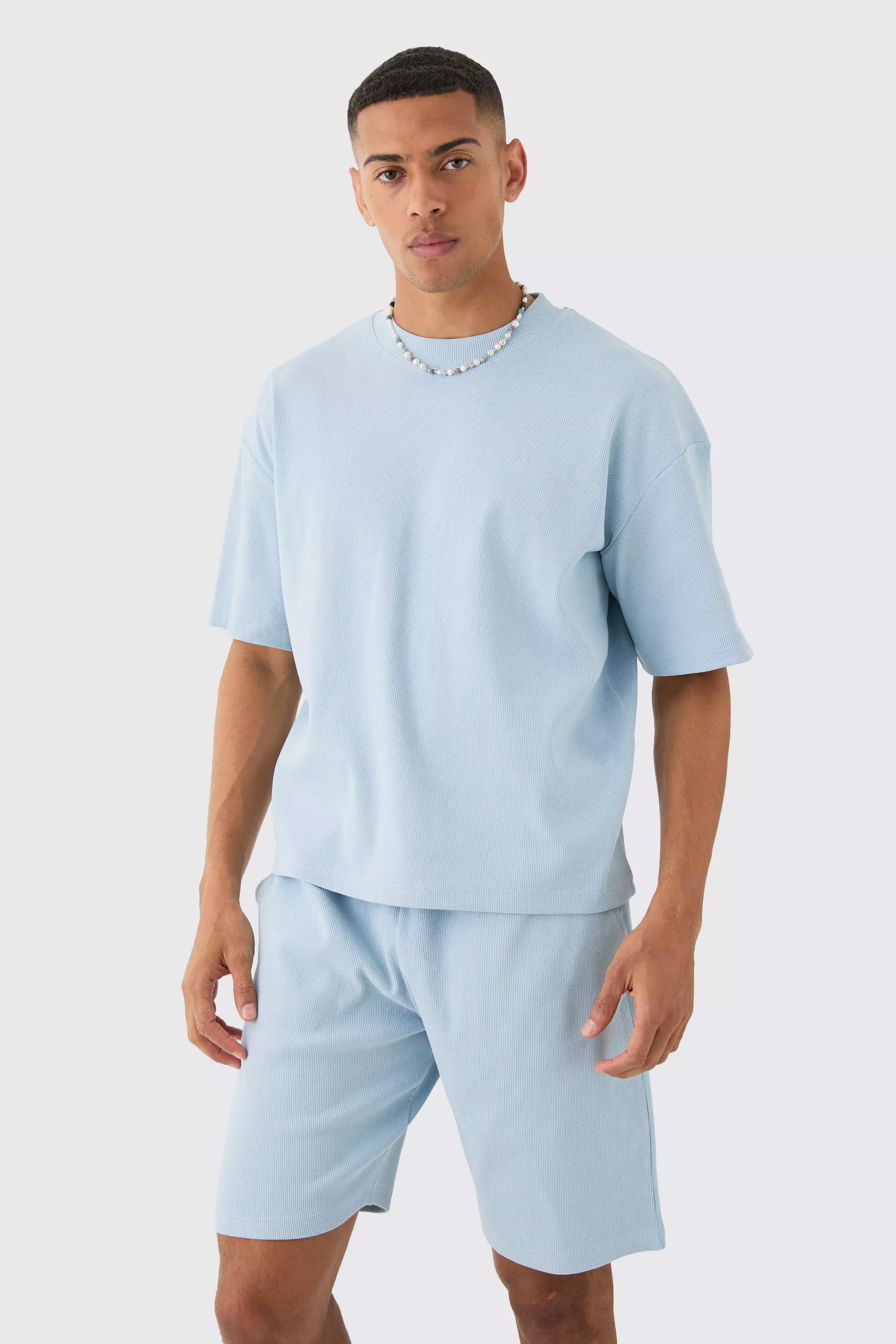 Blue Oversized Boxy Heavyweight Ribbed T-shirt & Shorts Set