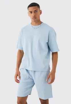 Blue Oversized Boxy Heavyweight Ribbed T-shirt & Shorts