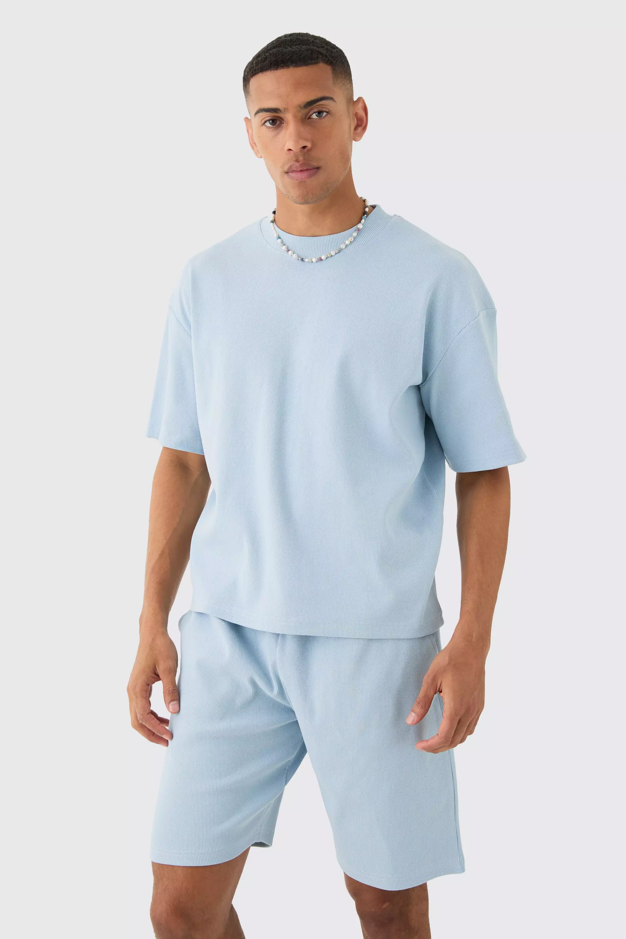 Blue Oversized Boxy Heavyweight Ribbed T-shirt & Shorts
