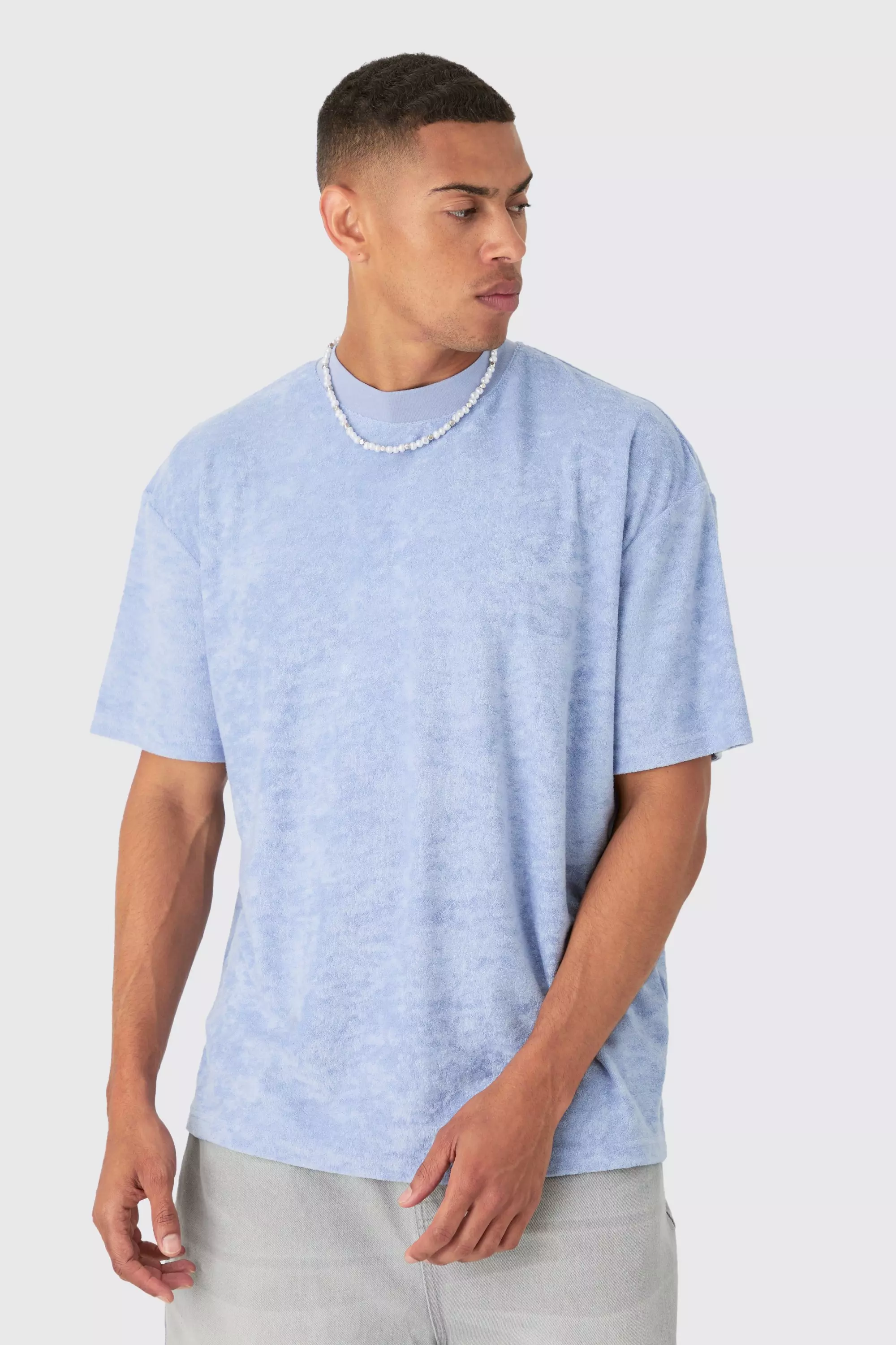 Dusty-blue Blue Oversized Extended Neck Towelling T-shirt