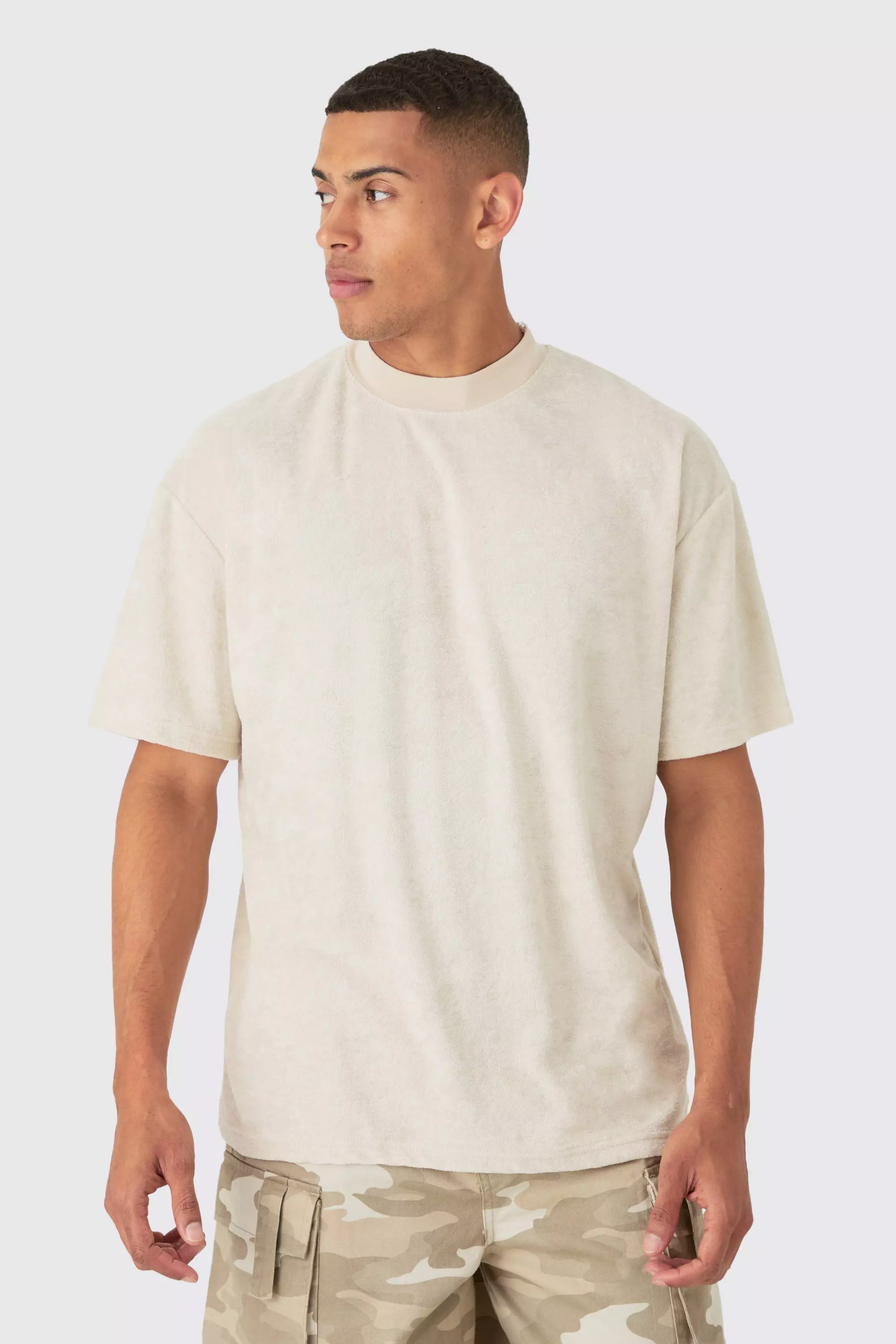 Oversized Extended Neck Towelling T-shirt Stone