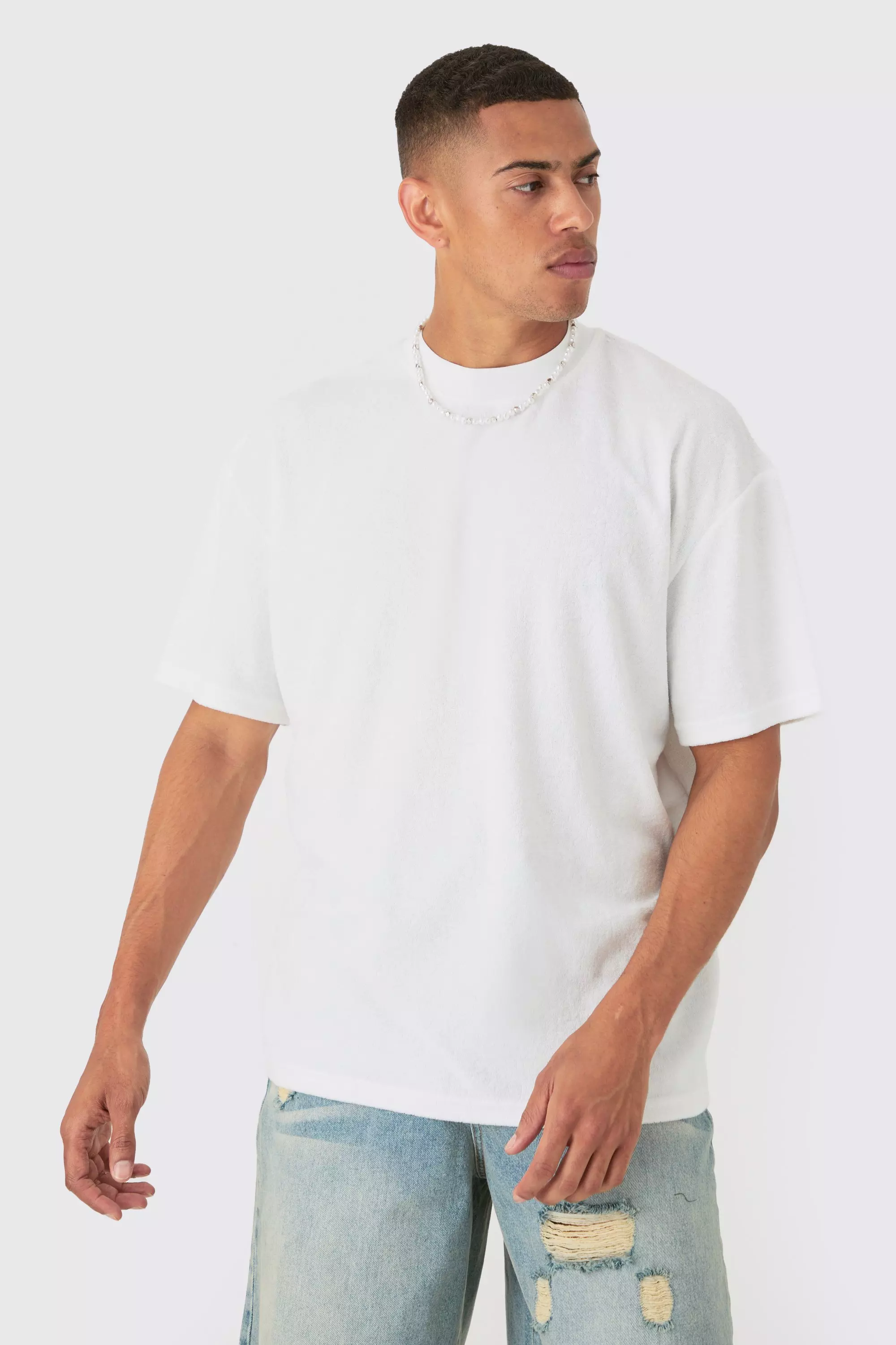 Oversized Extended Neck Towelling T-shirt Ecru