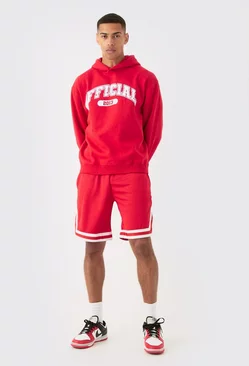 Oversized Official Varsity Hoodie And Basketball Short Set Red