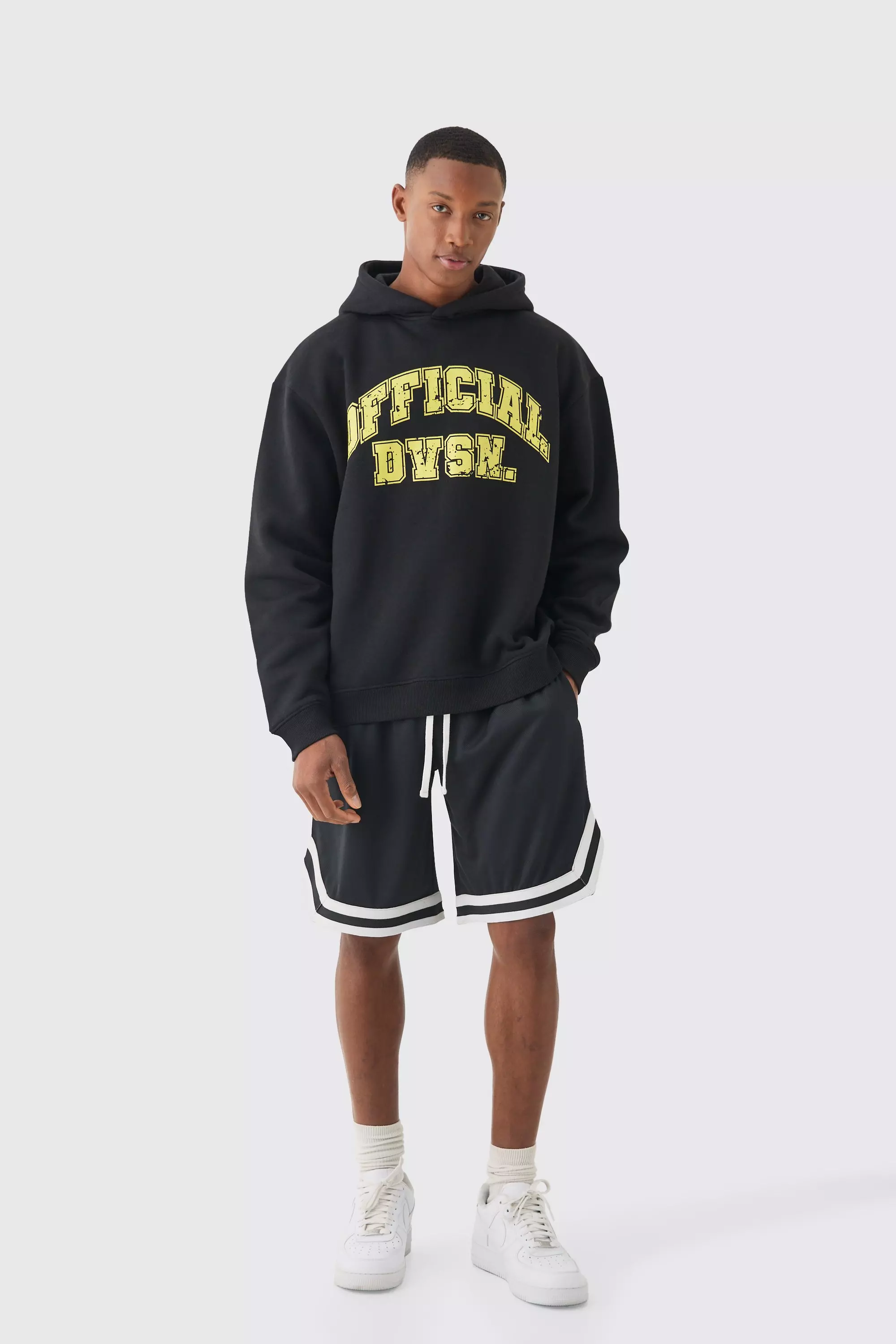 Oversized Official Varsity Hoodie And Basketball Short Set Black