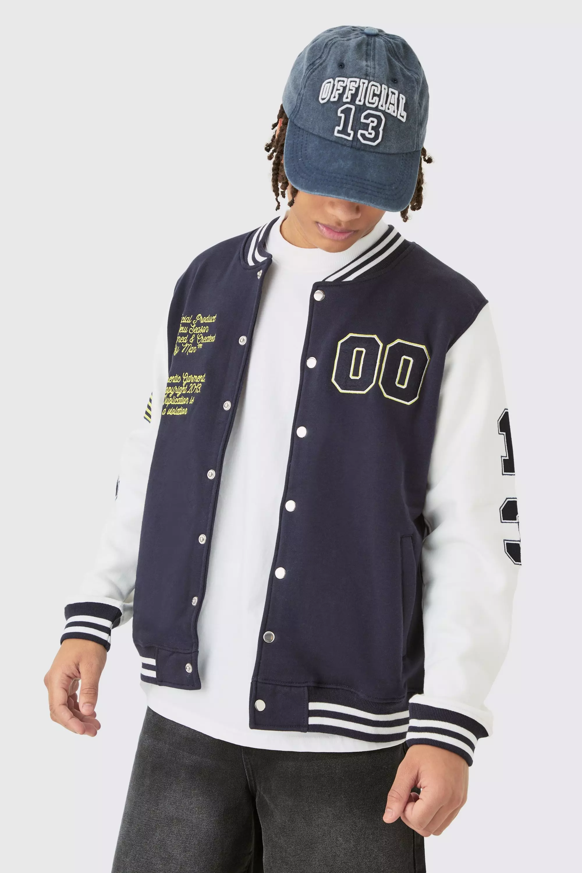 Navy Regular Fit Jersey Varsity Bomber Jacket With Badges alternative image