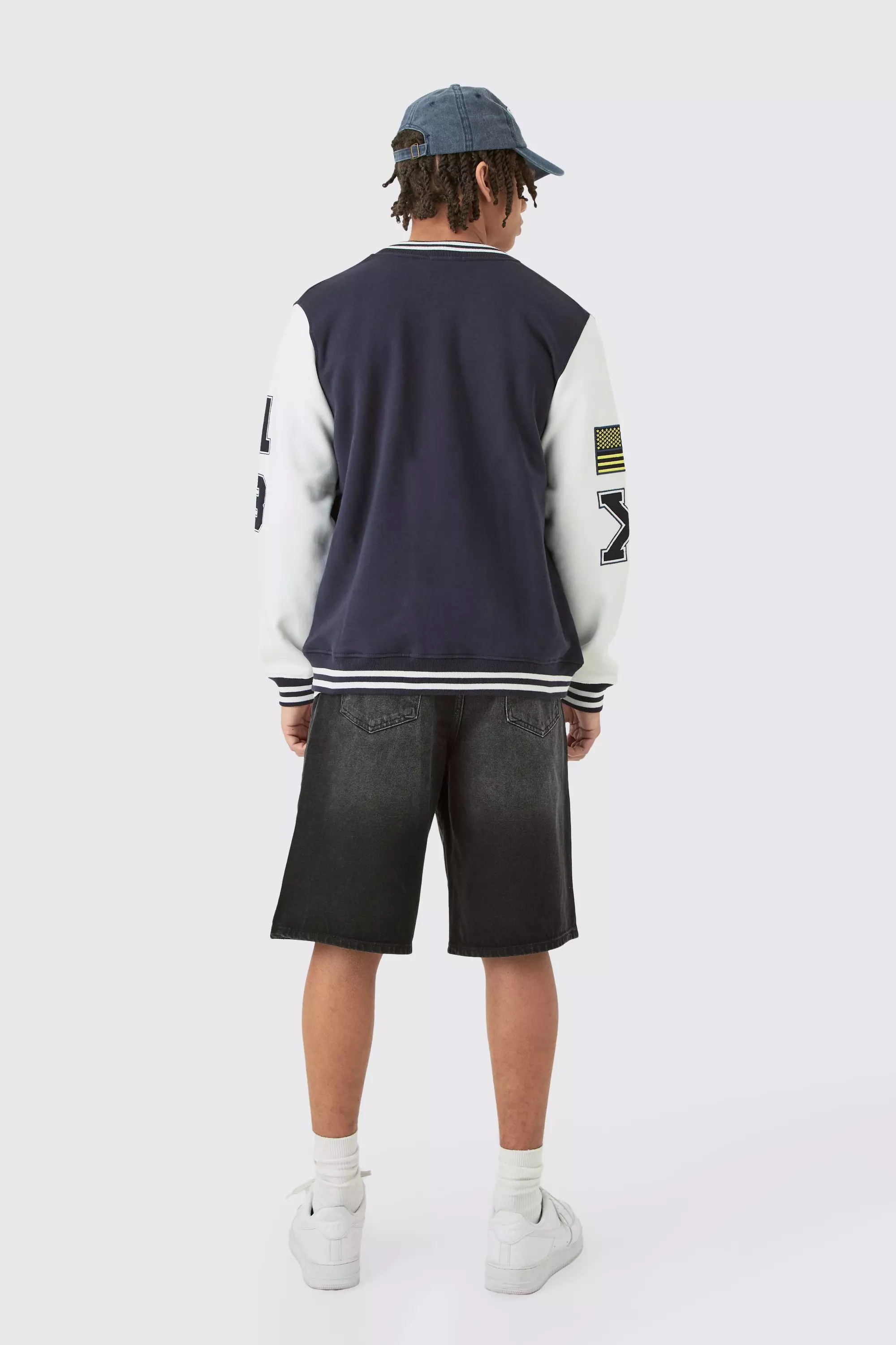Navy Regular Fit Jersey Varsity Bomber Jacket With Badges alternative image