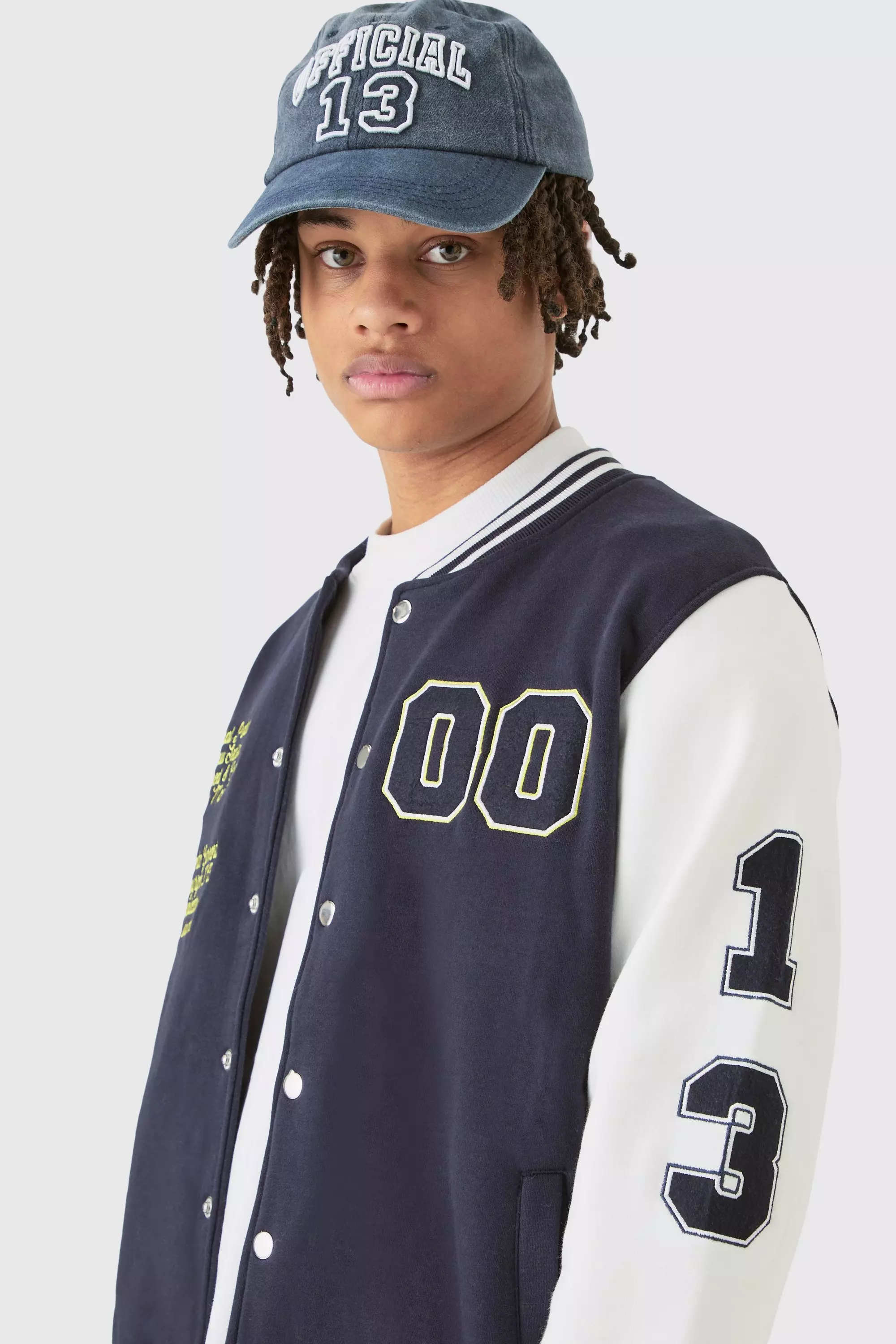 Navy Regular Fit Jersey Varsity Bomber Jacket With Badges alternative image