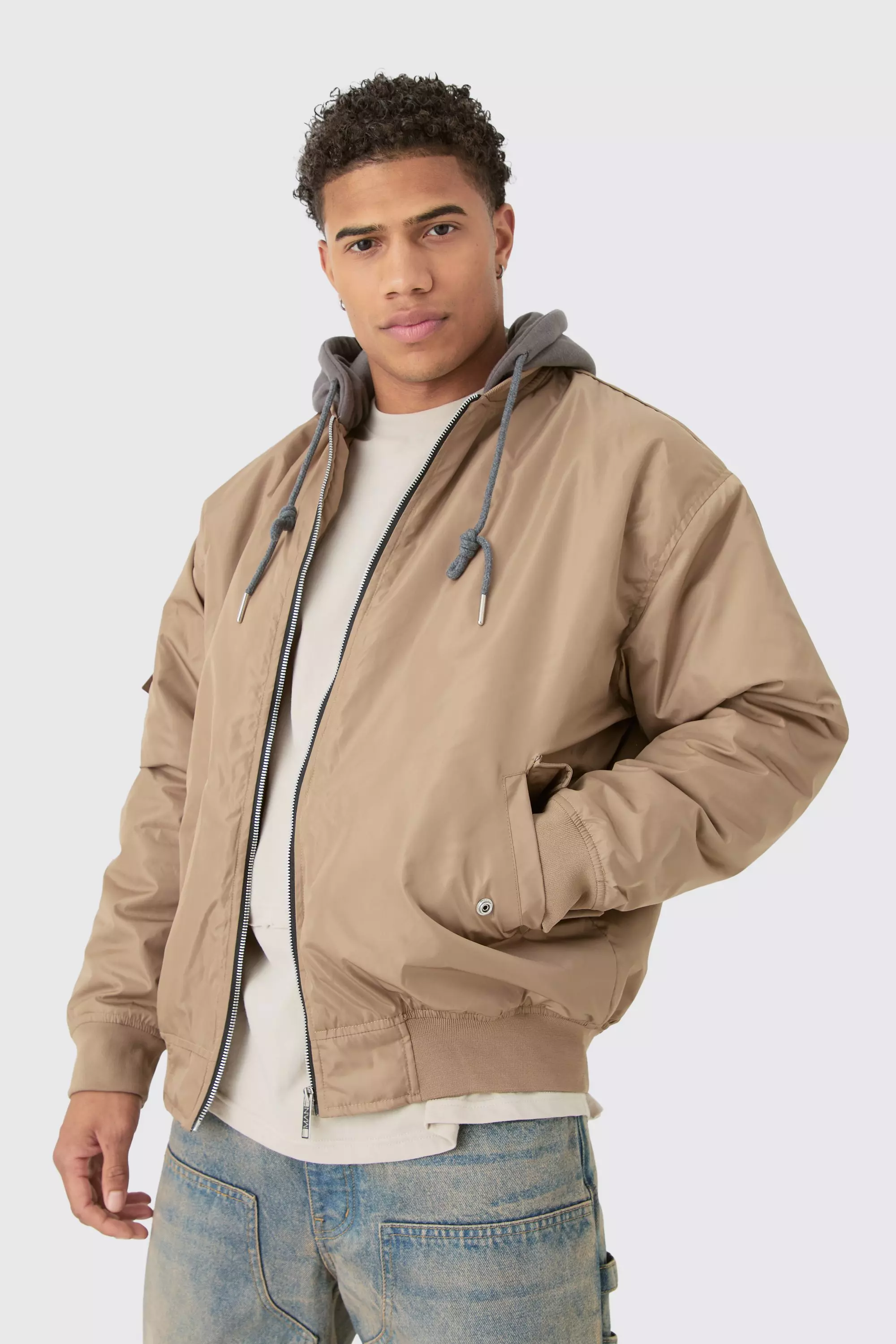 Beige Oversized Hooded Ma1 Bomber Jacket In Stone