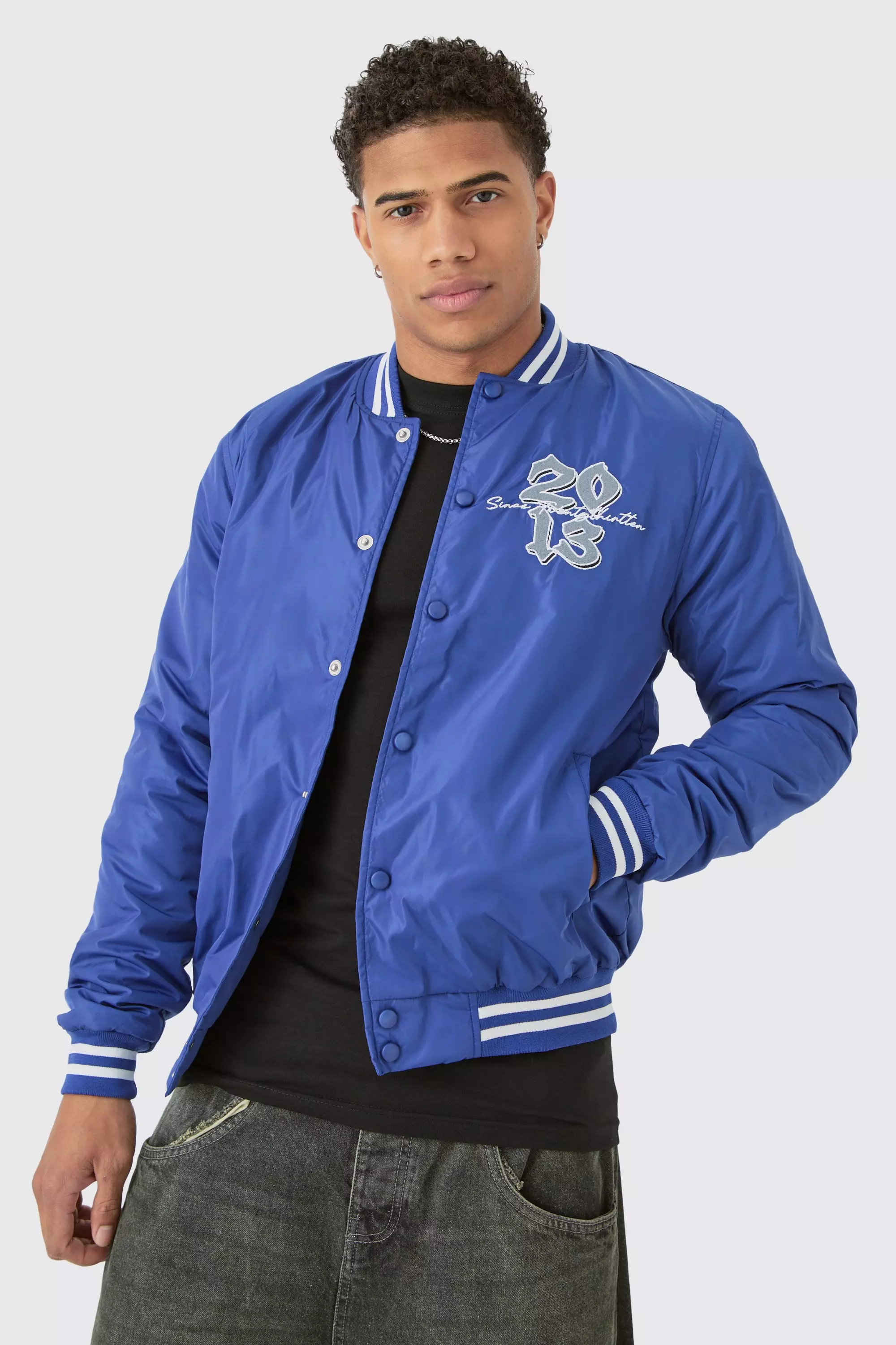 Official Badge Nylon Varsity Bomber Jacket In Blue Blue