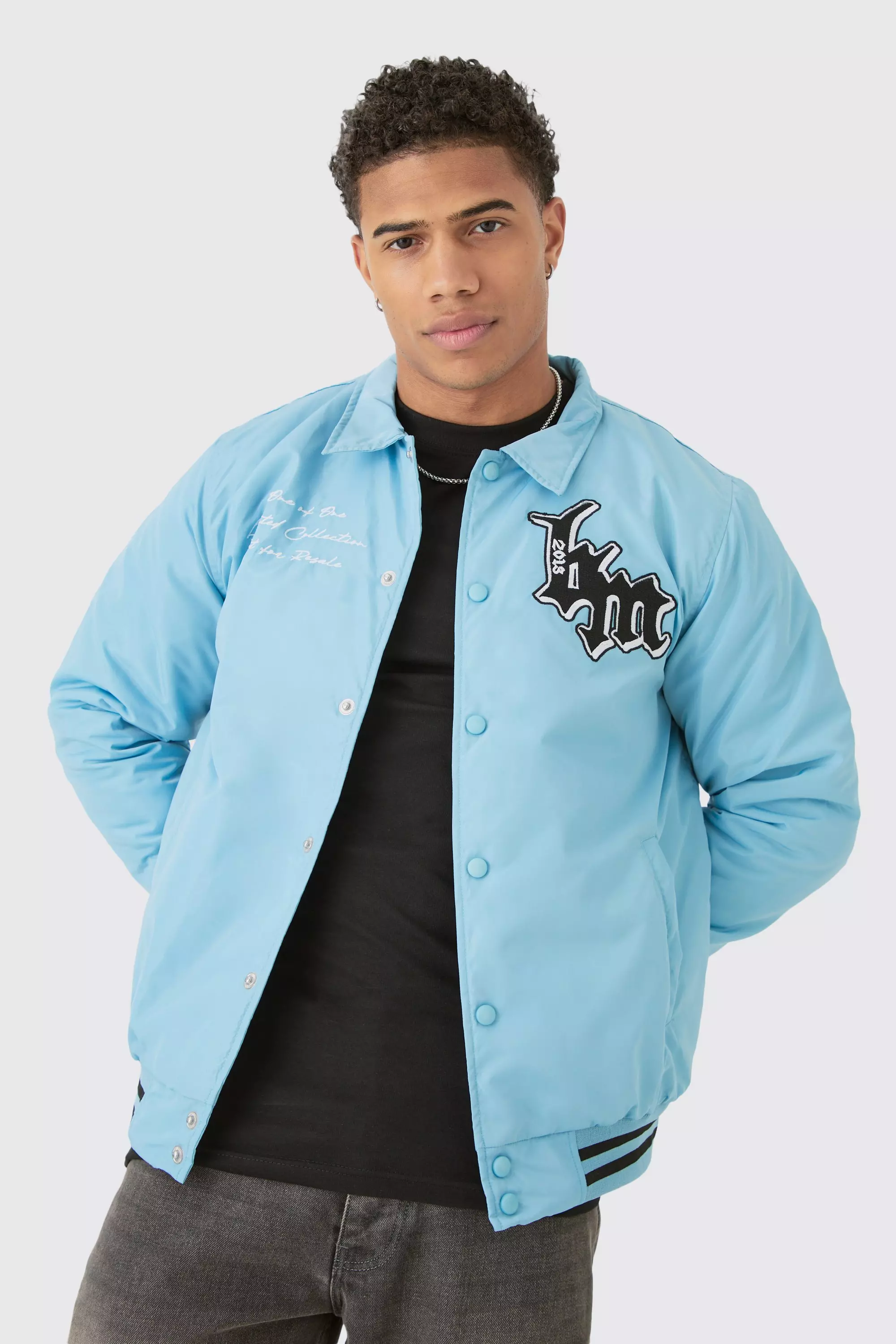 Nylon Bm Badge Collared Varsity Bomber In Blue Dusty blue