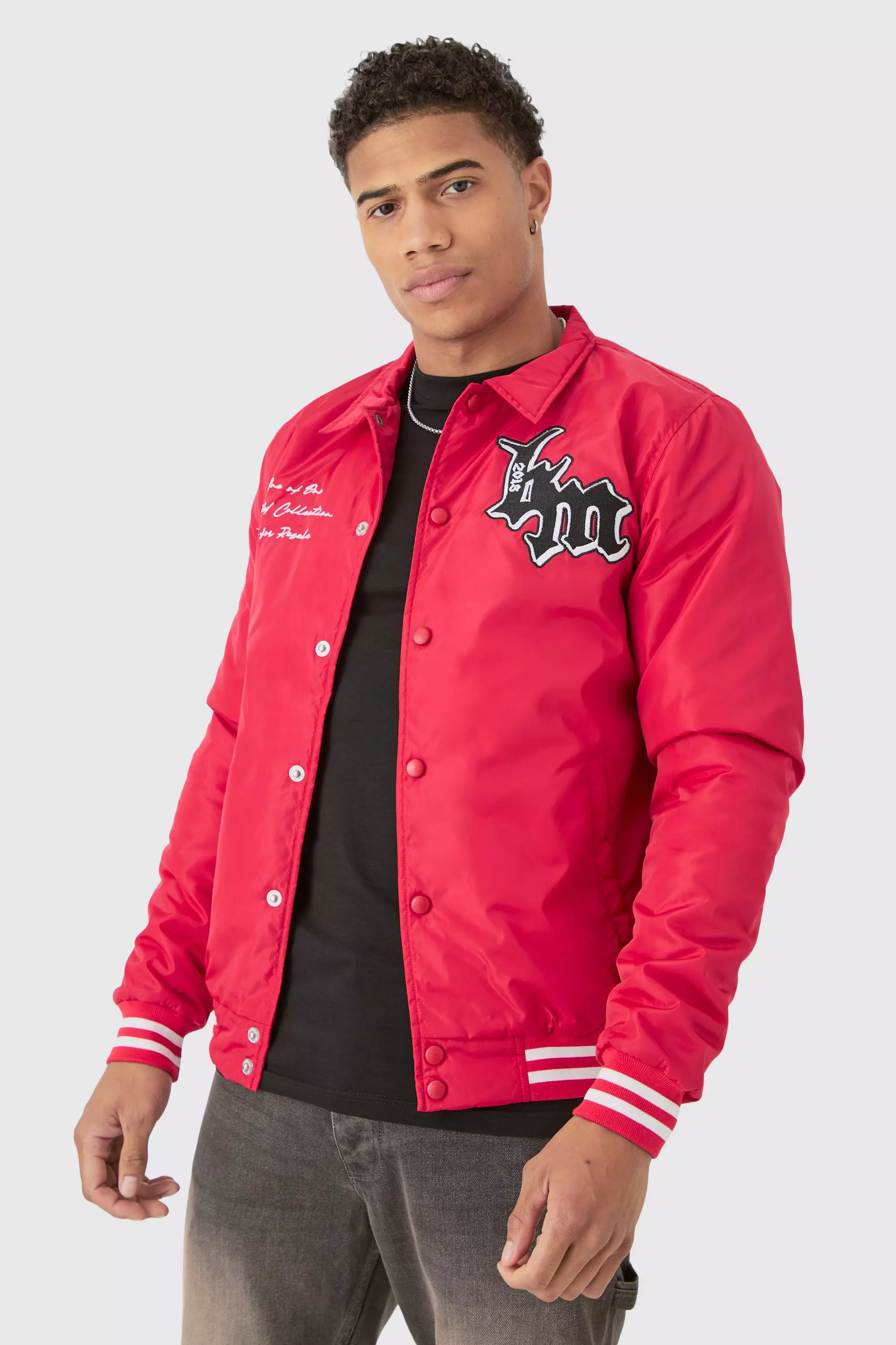 Nylon BM Badge Collared Varsity Bomber Jacket In Red boohooMAN IE