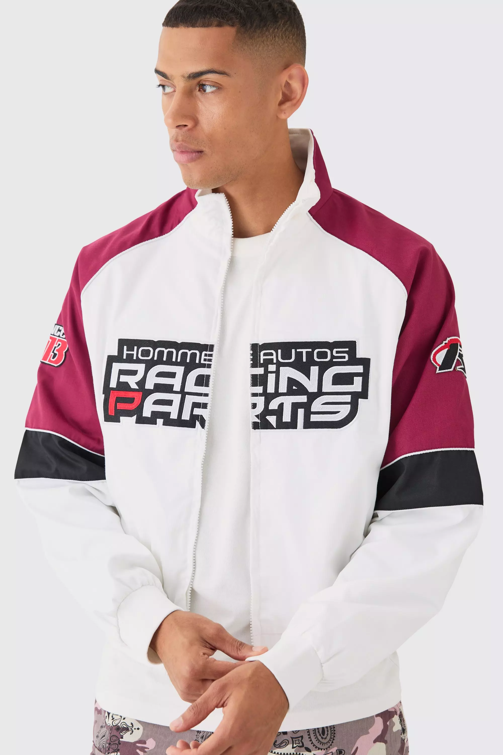 Boxy Colour Block Twill Moto Jacket In Ecru alternative image