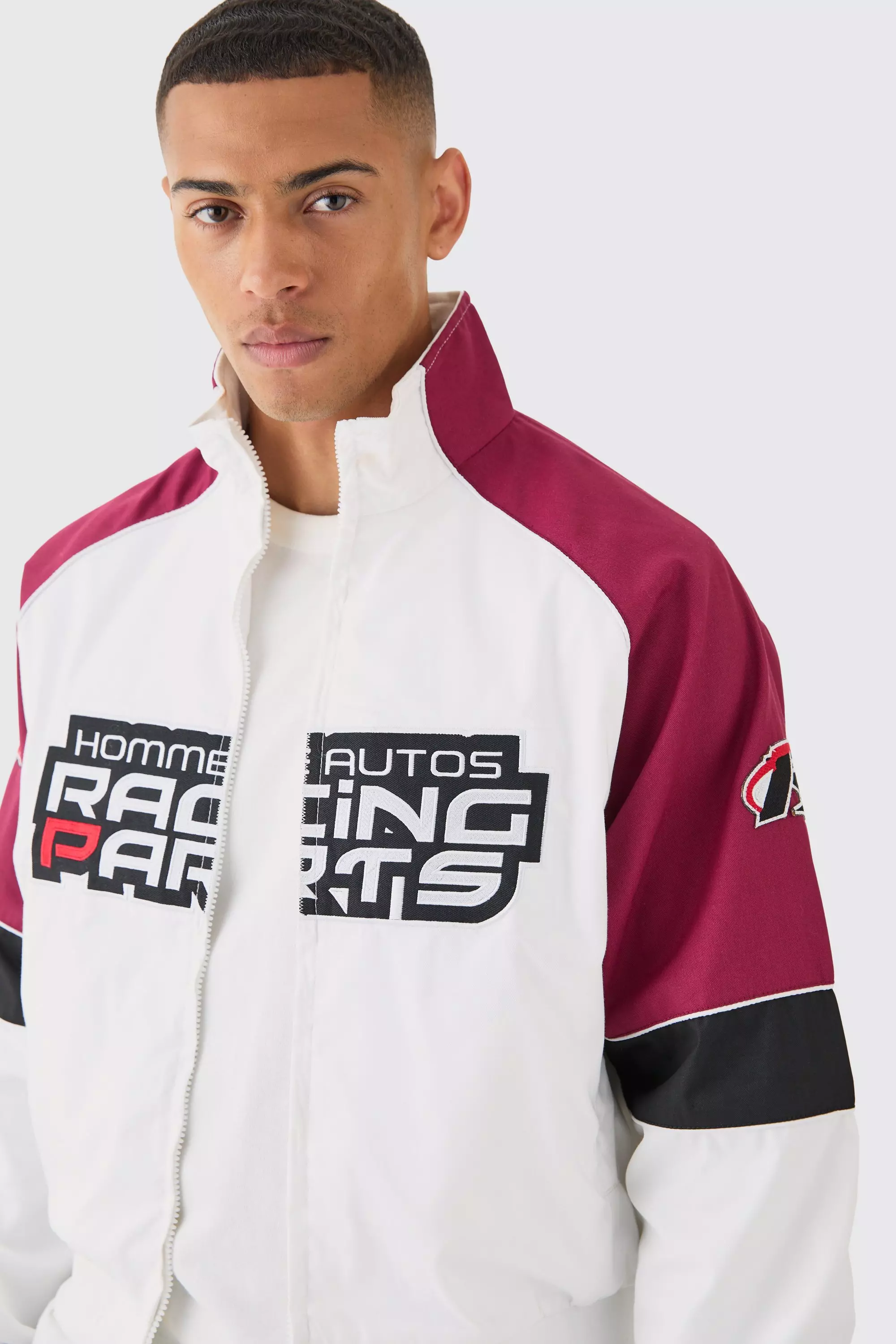 Boxy Colour Block Twill Moto Jacket In Ecru alternative image