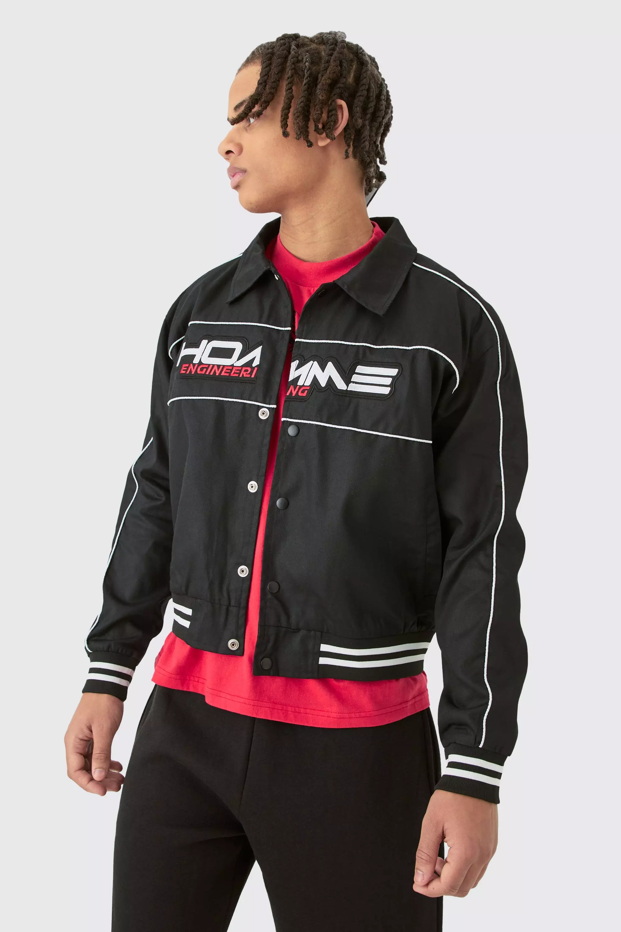 Boxy Twill Moto Collared Bomber Jacket In Black Black