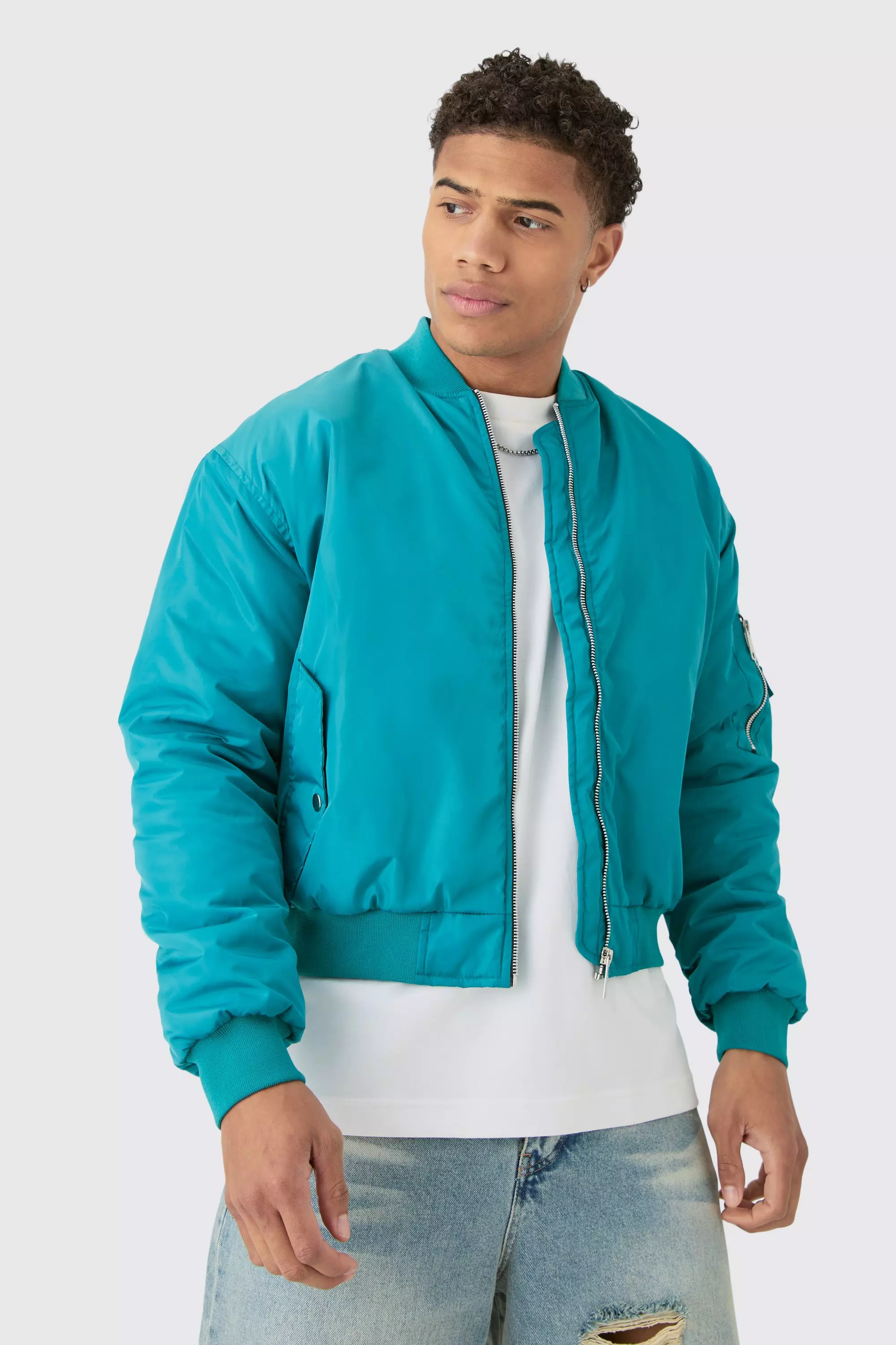 Blue Boxy Ruched Sleeve Ma1 Bomber Jacket In Aqua