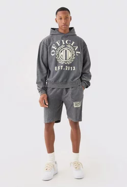 Oversized Boxy Reverse Loopback Printed Hoodie Short Tracksuit Charcoal