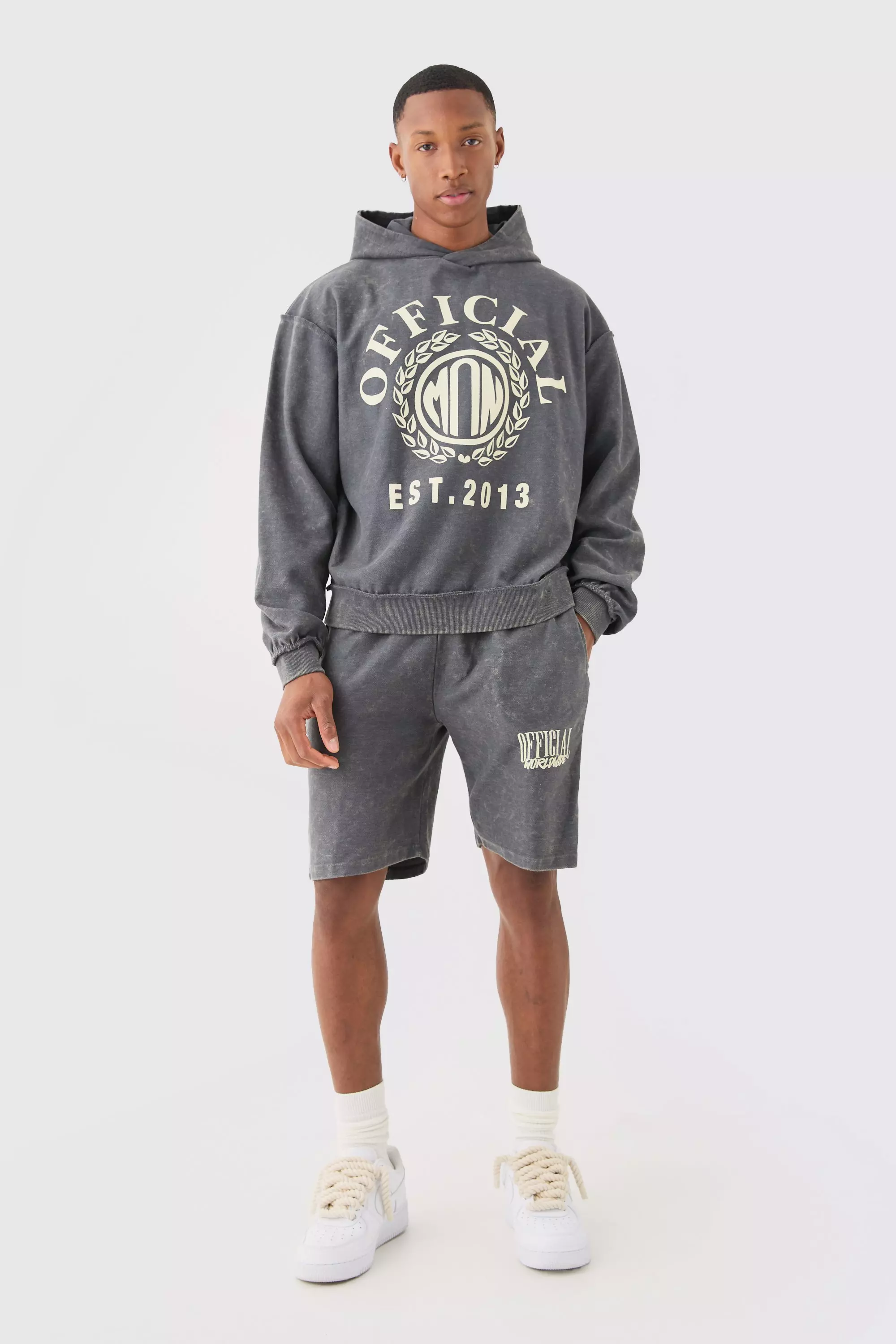 Charcoal Grey Oversized Boxy Reverse Loopback Printed Hoodie Short Tracksuit