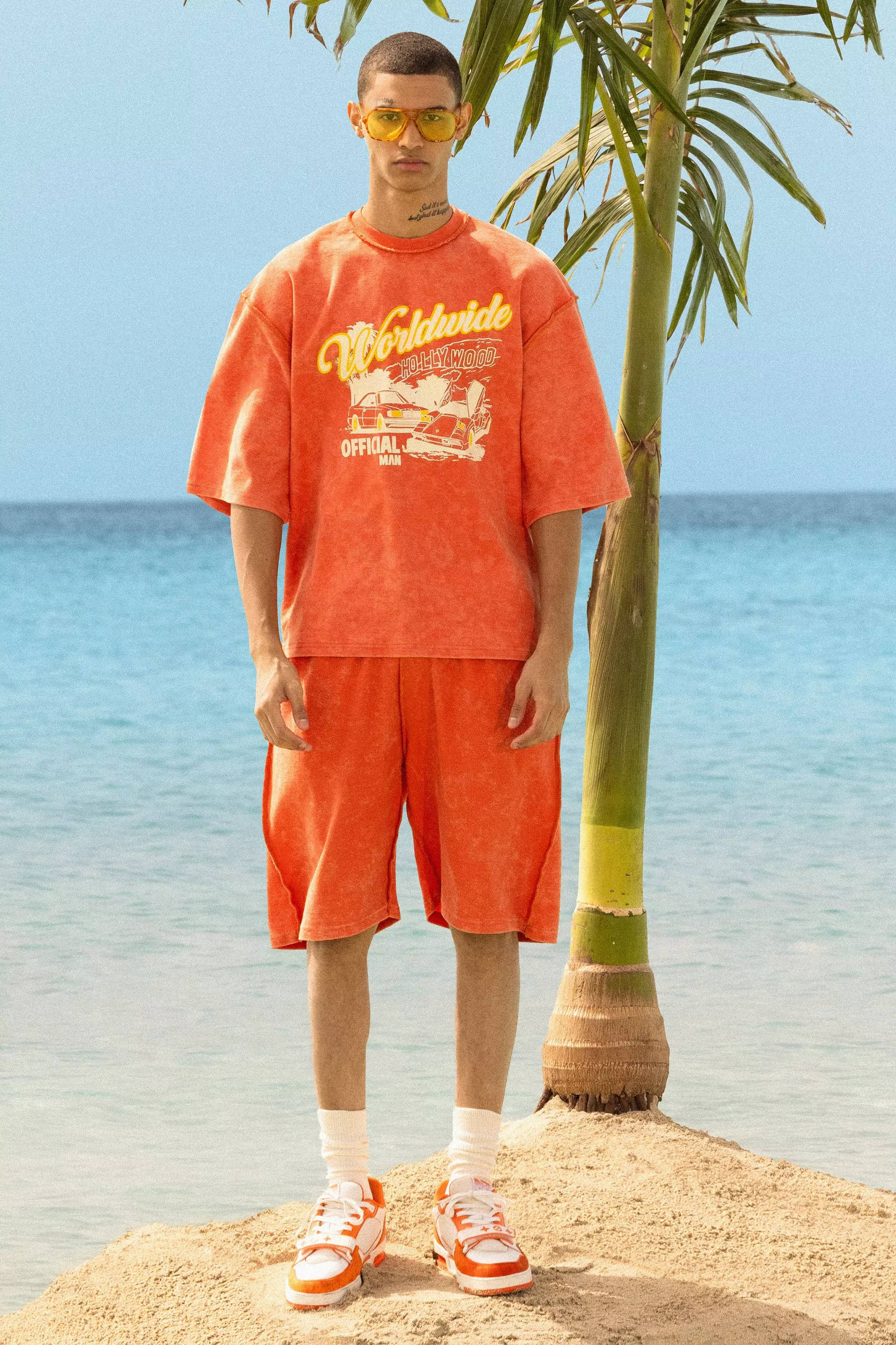 Orange Loose Fit Reverse Loopback Printed Shorts