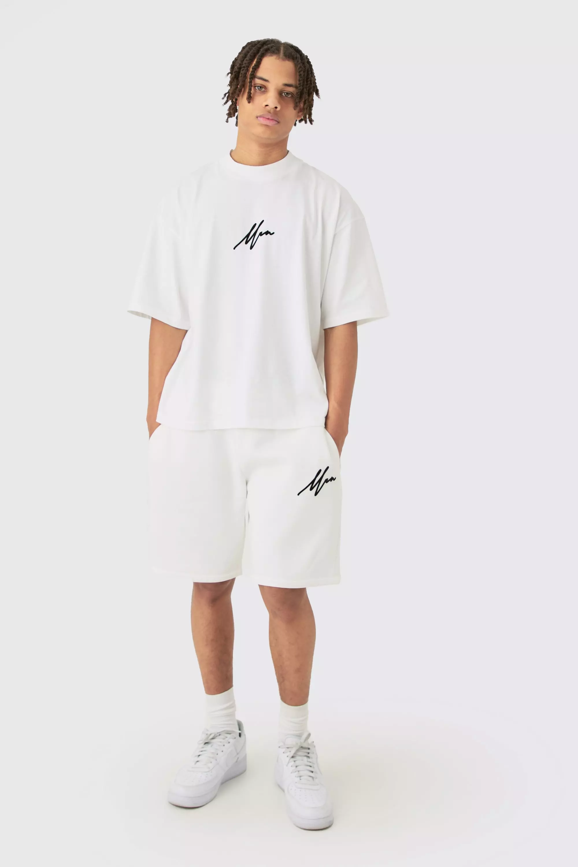 Ecru White Oversized Boxy Man Flock Graphic T-shirt & Short Set