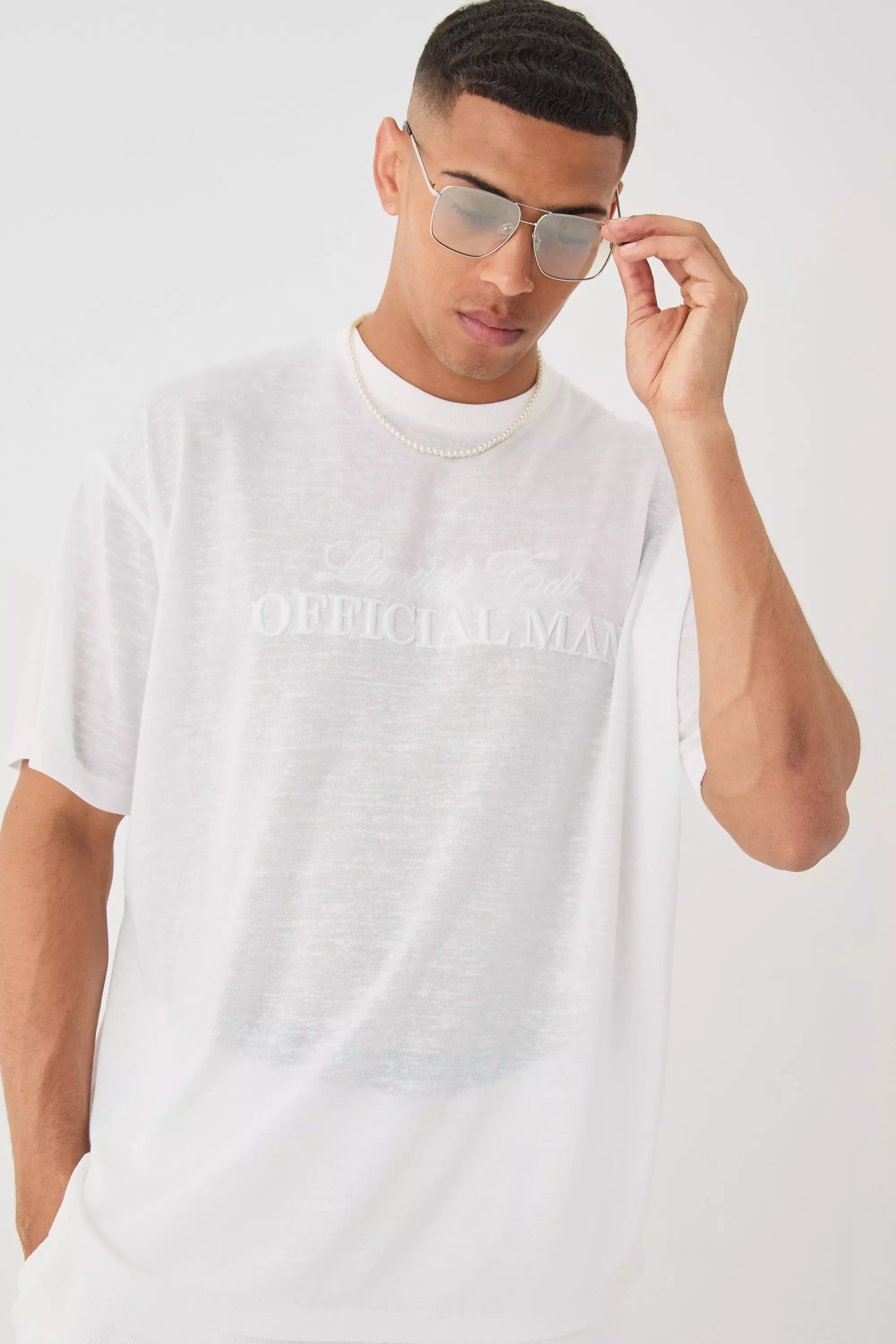 Overszied Limited 3d Embroidered Burnout Mesh T-shirt White