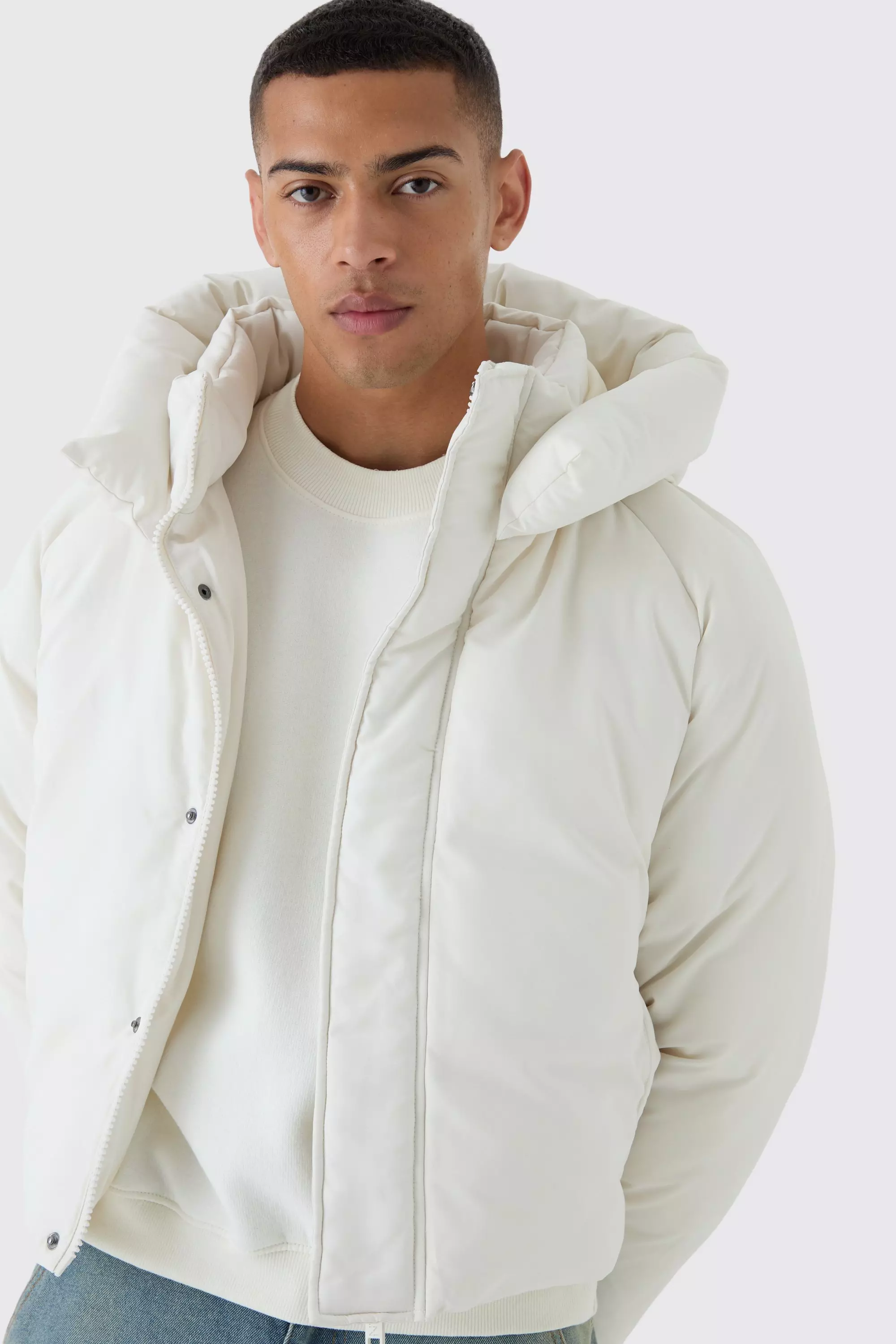 Boxy Raglan Hooded Puffer Coat In Ecru Ecru