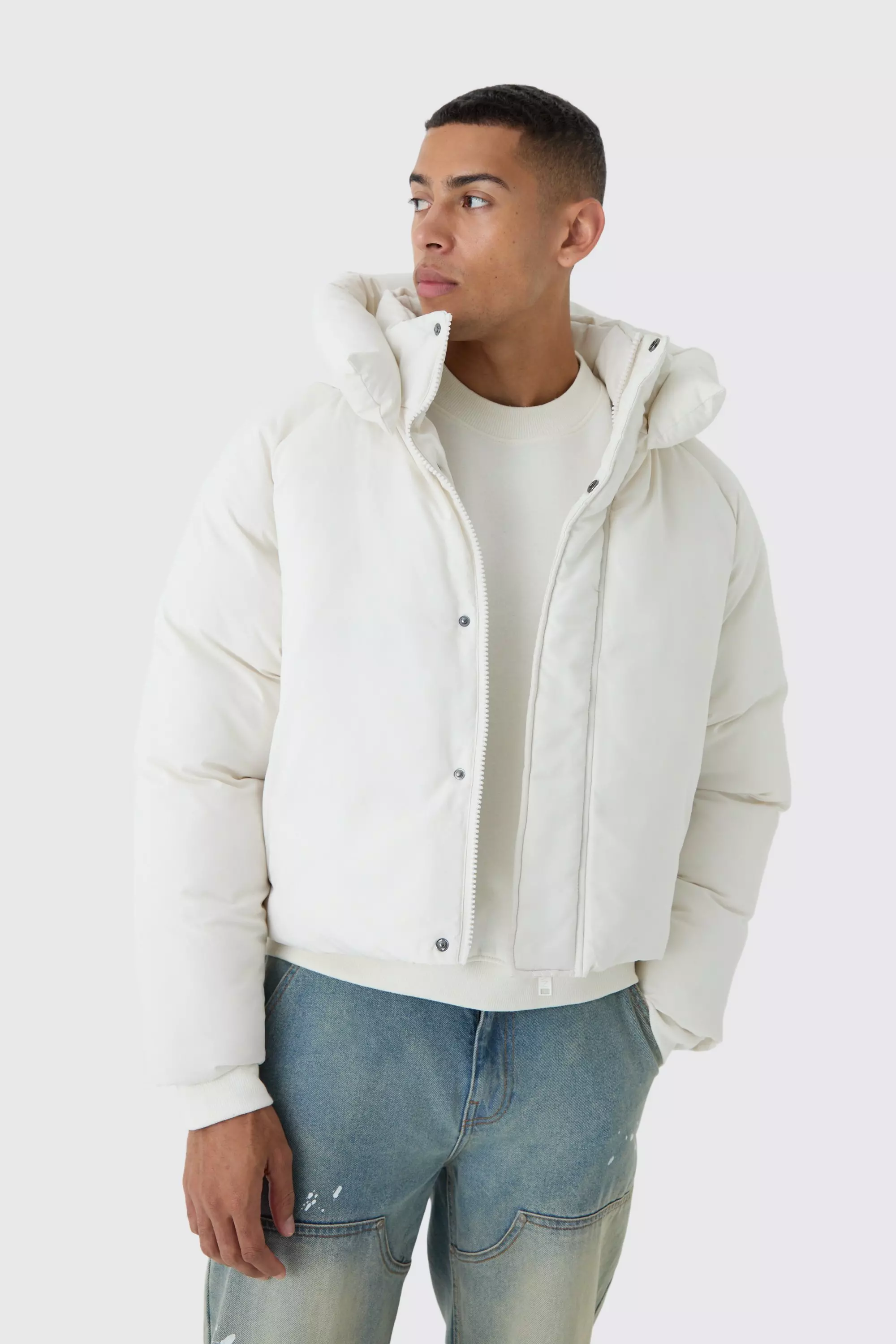 Boxy Raglan Hooded Puffer Coat In Ecru alternative image
