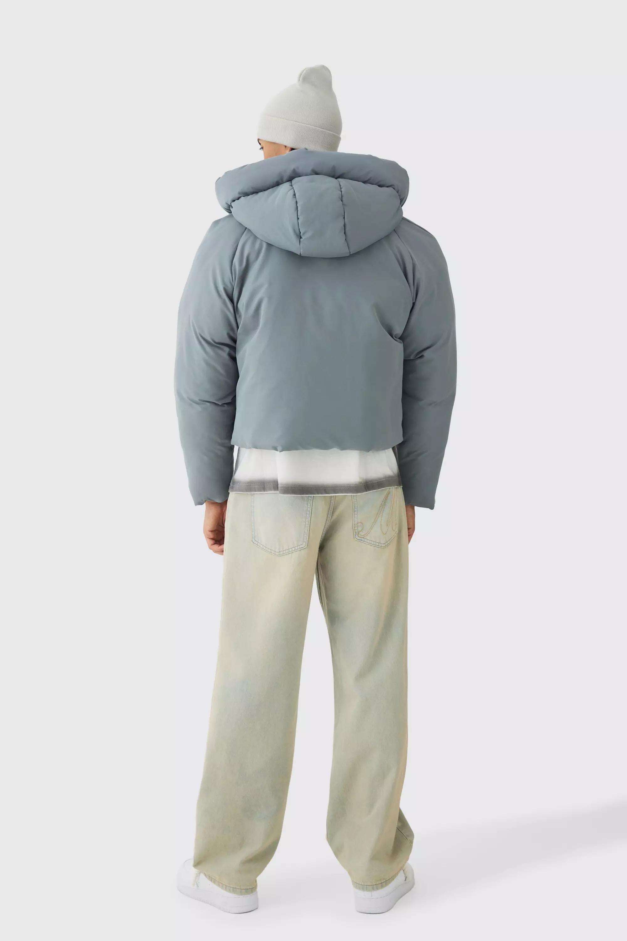 Boxy Raglan Hooded Puffer Coat In Grey alternative image
